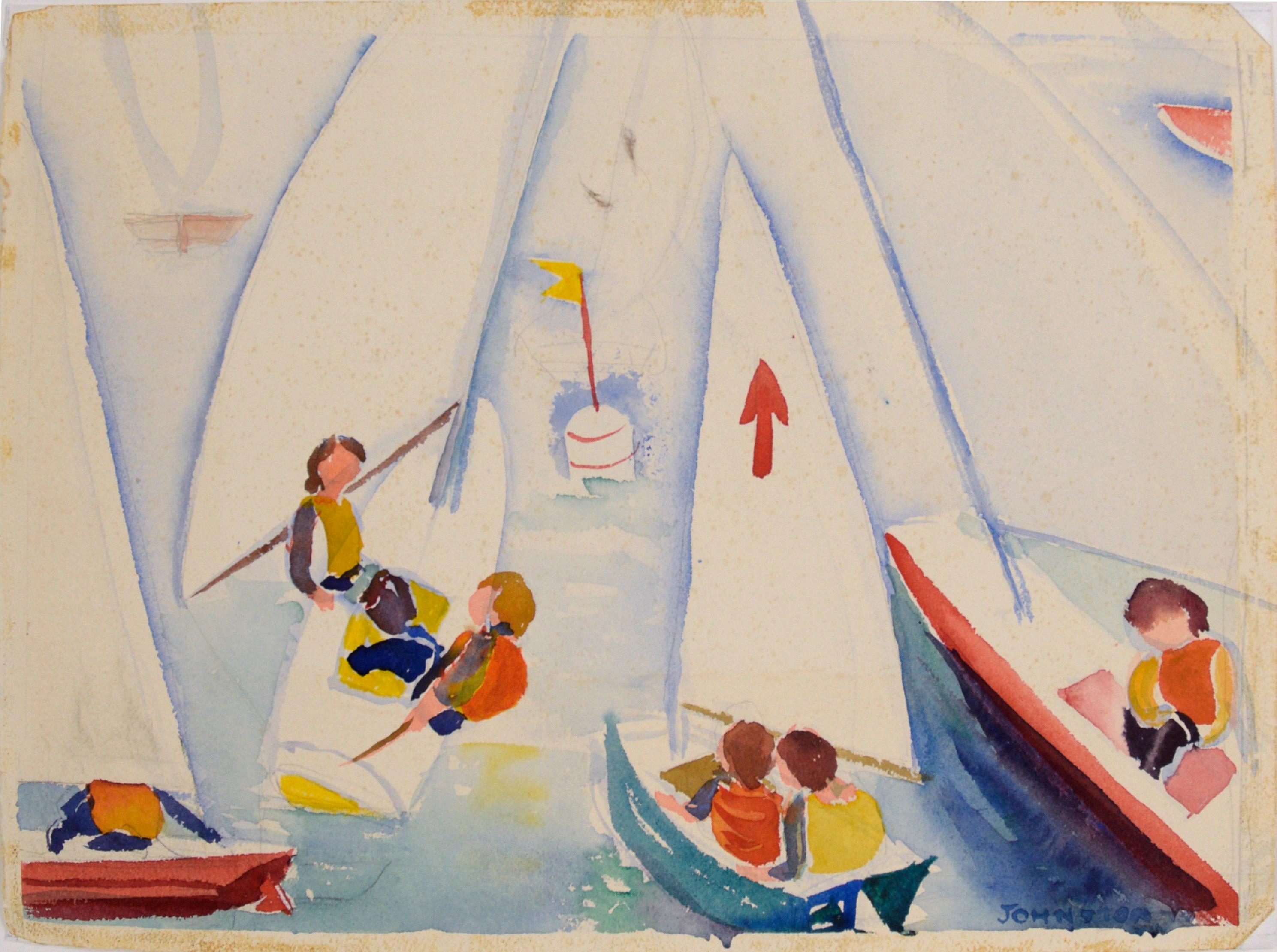 Sailboat Race Modernist Watercolor on Paper, Double-Sided Artwork

Primary colors make up four sailboats racing towards a buoy, by California artist, Lucile Marie Johnston (1907-1994, American). Double-sided watercolor with a pastel watercolor