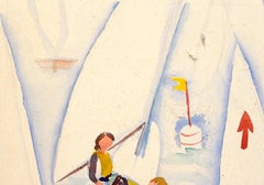 Sailboat Race Modernist Watercolor on Paper, Double-Sided Artwork
