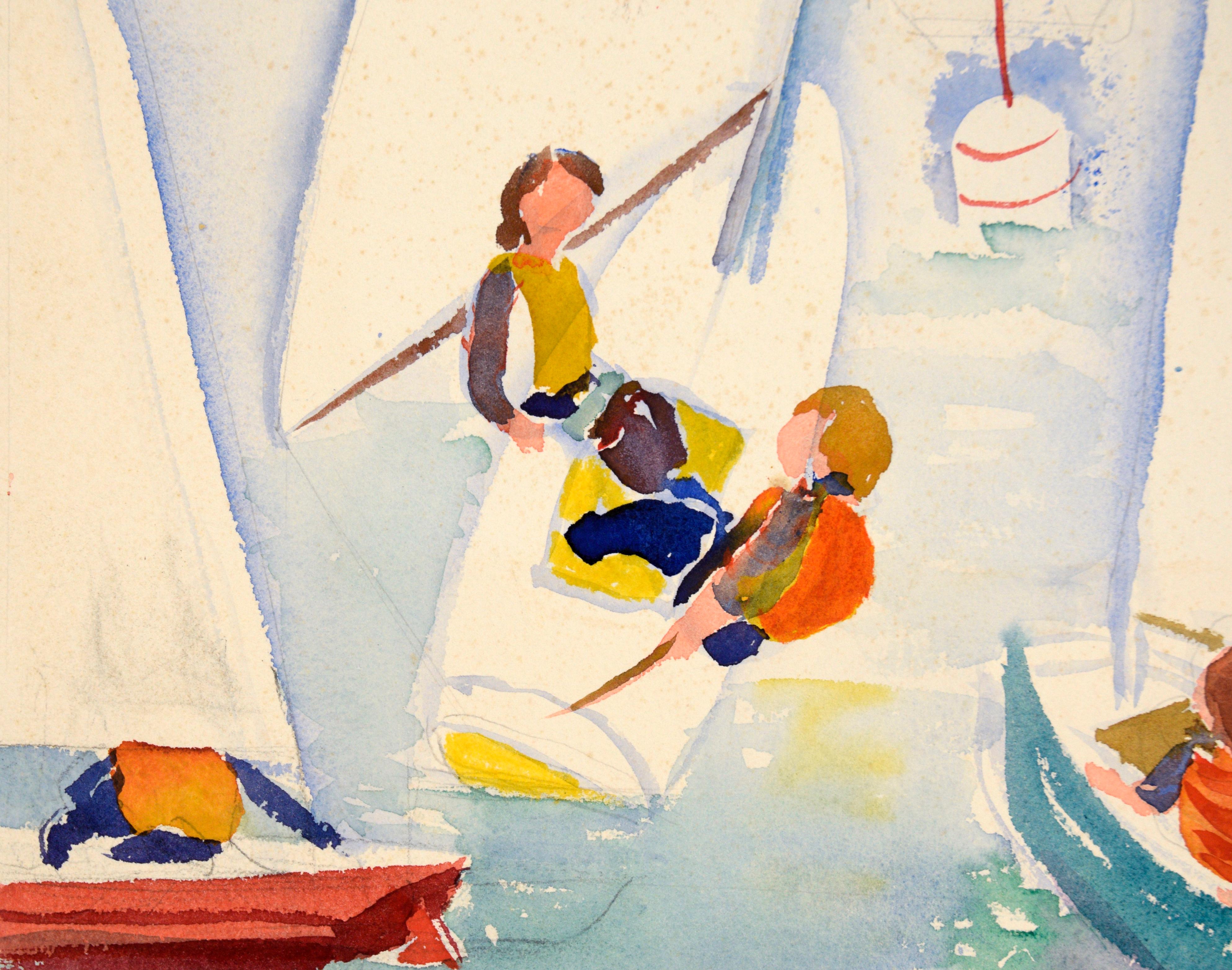Sailboat Race Modernist Watercolor on Paper, Double-Sided Artwork - White Landscape Art by Lucile Marie Johnston