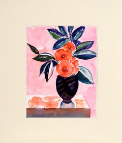 Orange Poppies in a Vase, Modernist Still Life in Watercolor on Paper