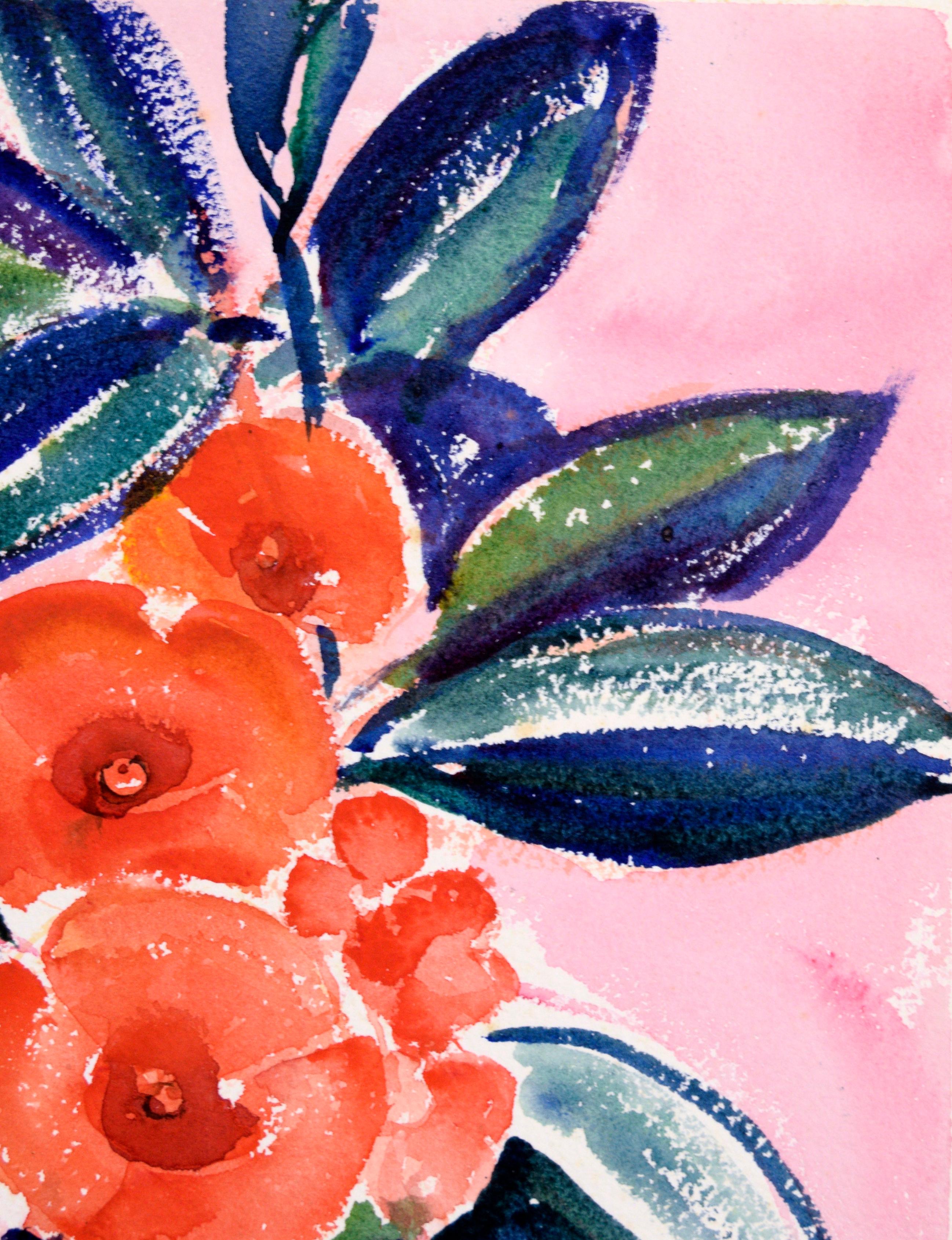 Peupilles orange dans un vase, nature morte moderniste à l'aquarelle sur papier - Impressionnisme américain Art par Lucile Marie Johnston