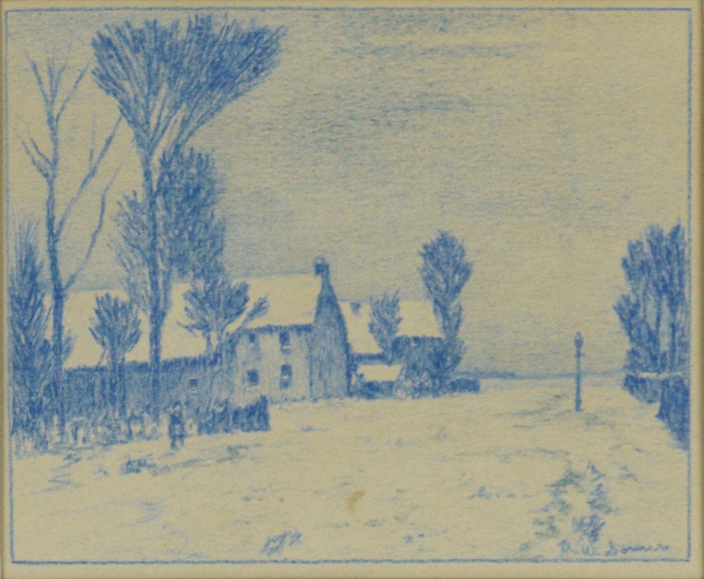 The Blue Street - Paysage rural monochrome en couleur au crayon sur papier - Art de Alle Wijtze de Somer