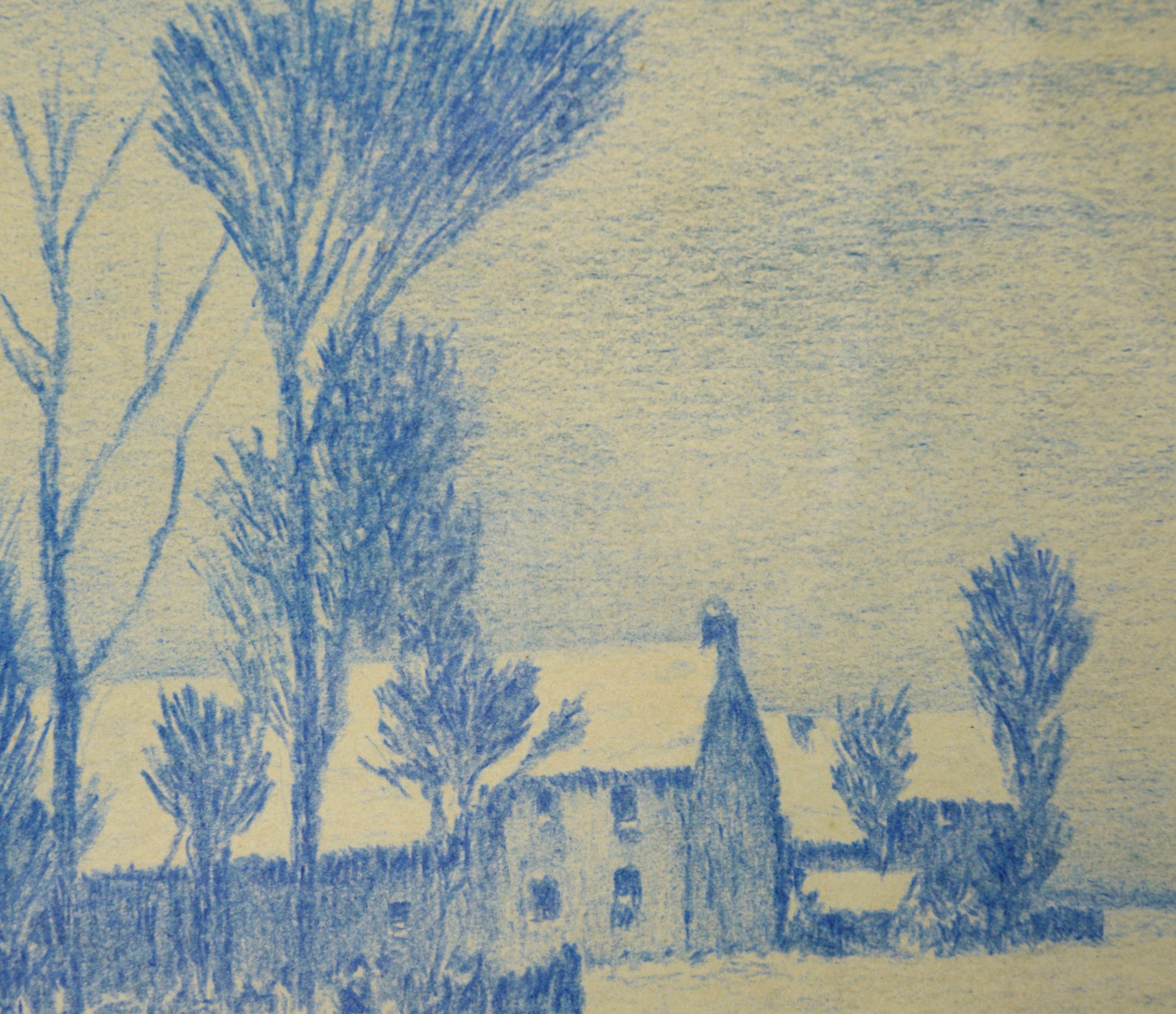 The Blue Street – Monochrome ländliche Stadtlandschaft mit Bleistift auf Papier (Impressionismus), Art, von Alle Wijtze de Somer