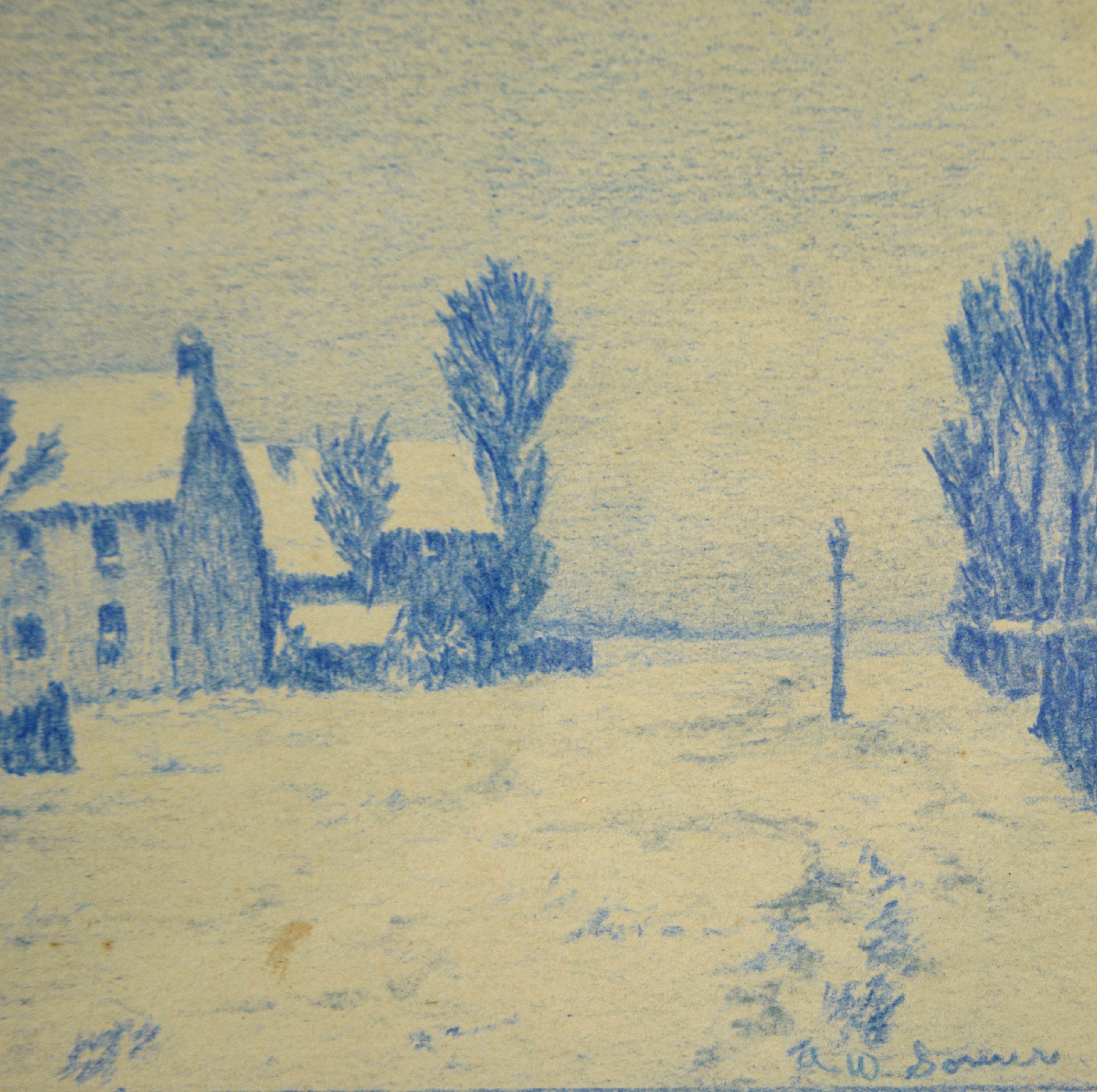 The Blue Street - Paysage rural monochrome en couleur au crayon sur papier - Beige Landscape Art par Alle Wijtze de Somer
