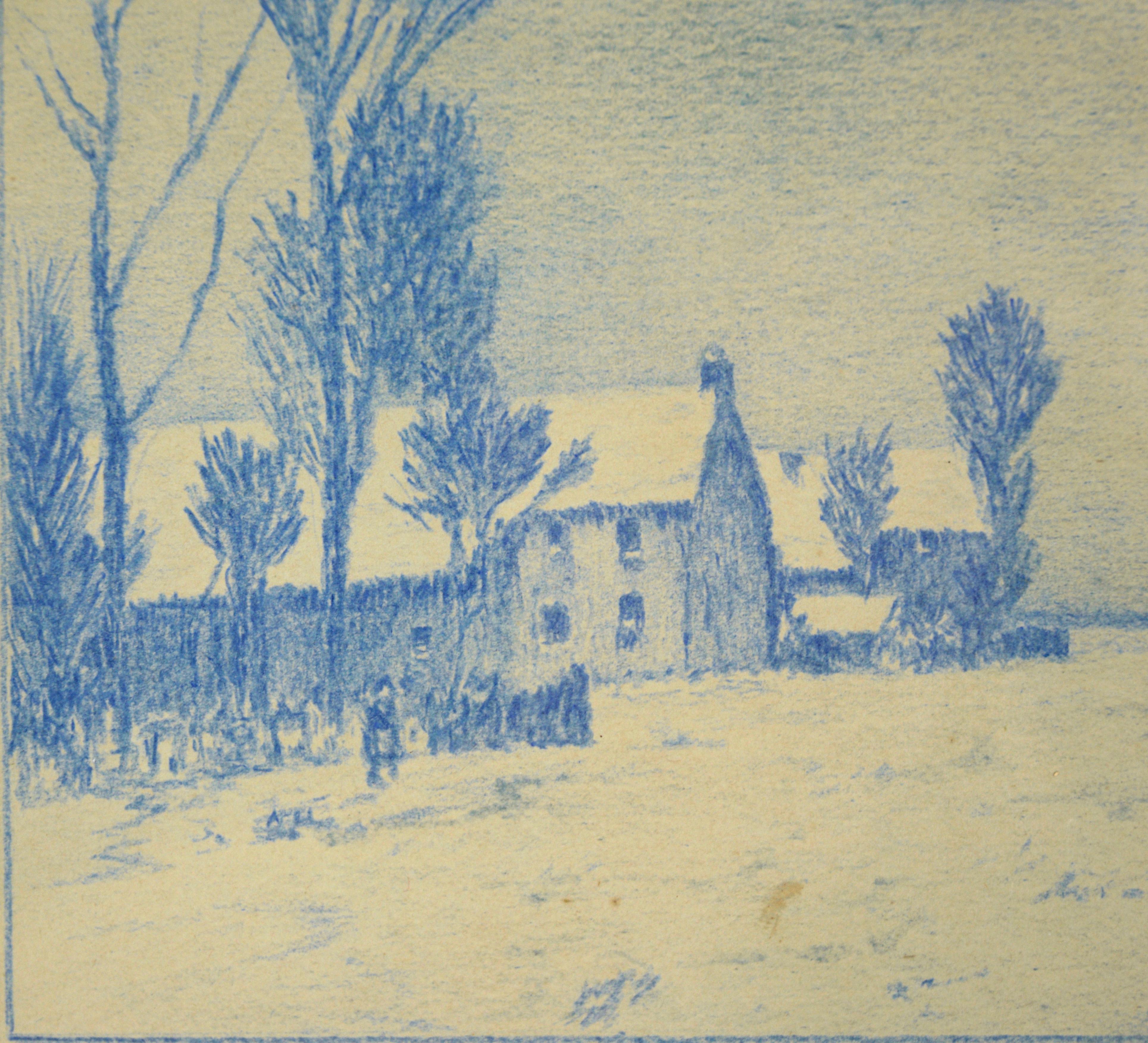 The Blue Street – Monochrome ländliche Stadtlandschaft mit Bleistift auf Papier (Beige), Landscape Art, von Alle Wijtze de Somer