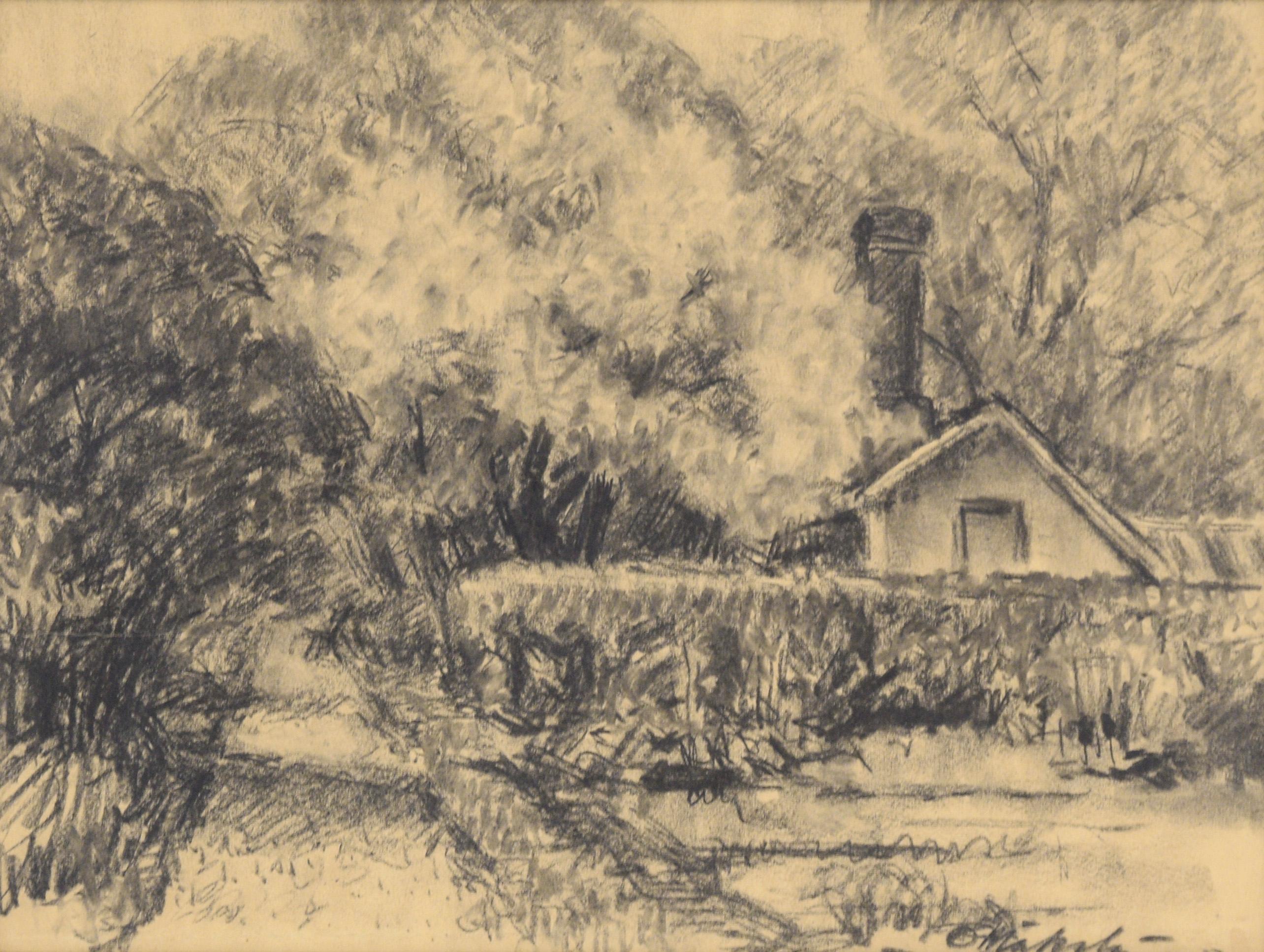 Blooming Apple Tree on Union Street - Finnish Landscape in Charcoal on Paper - Art by Otto Makila