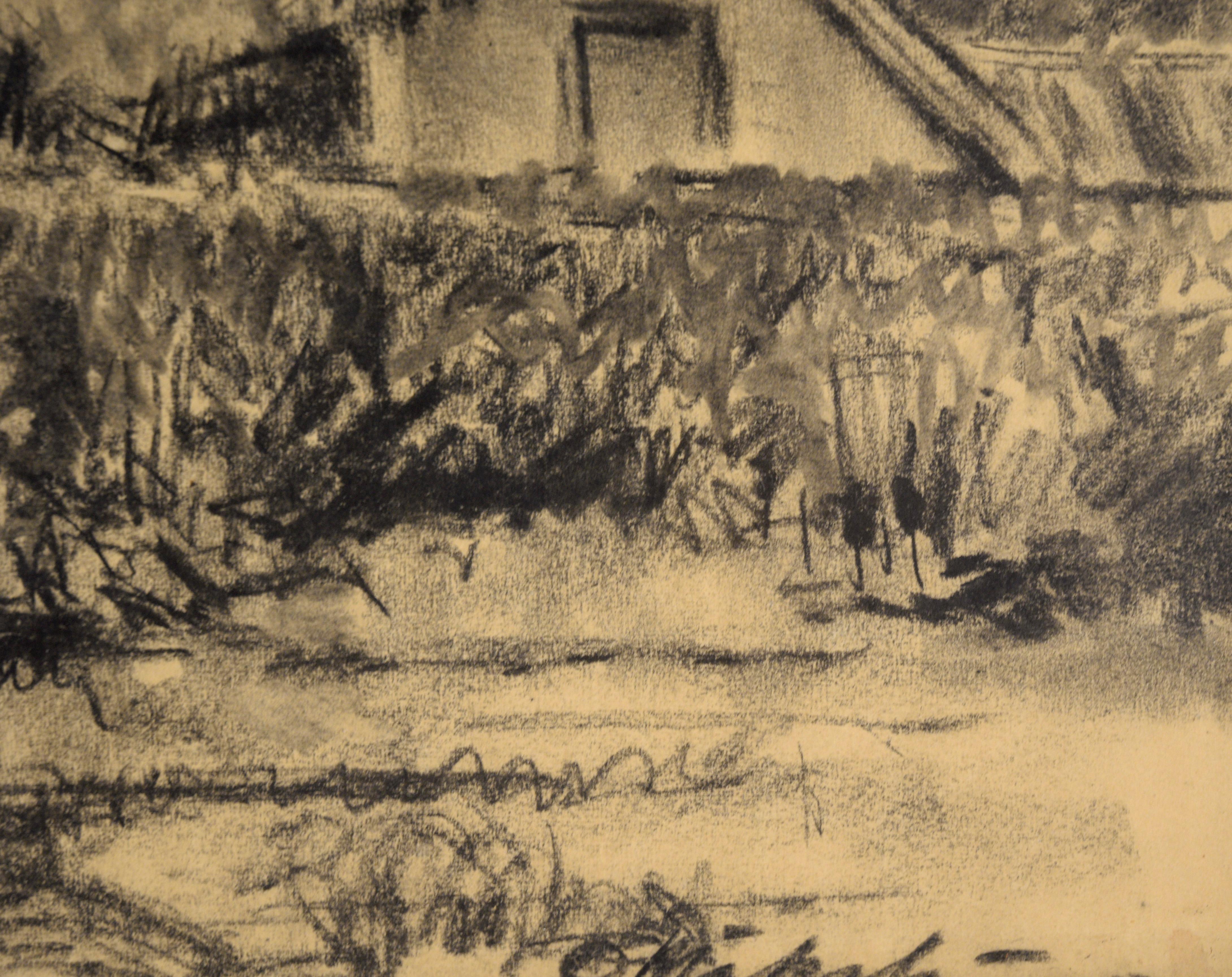 Blooming Apple Tree on Union Street - Finnish Landscape in Charcoal on Paper - Gray Landscape Art by Otto Makila