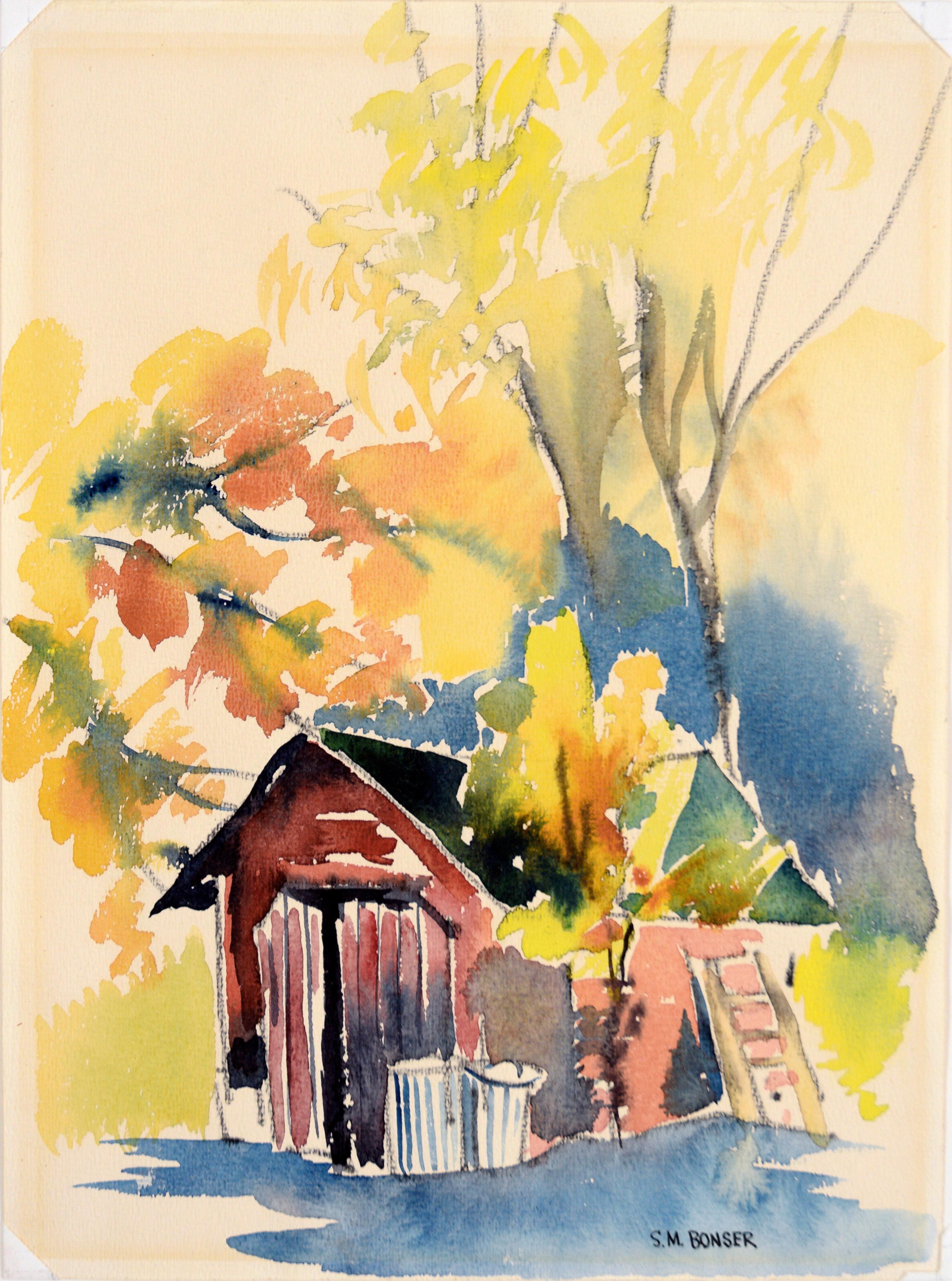 „Our Model T Garage“ – Aquarell-Landschaft auf Papier im Angebot 1