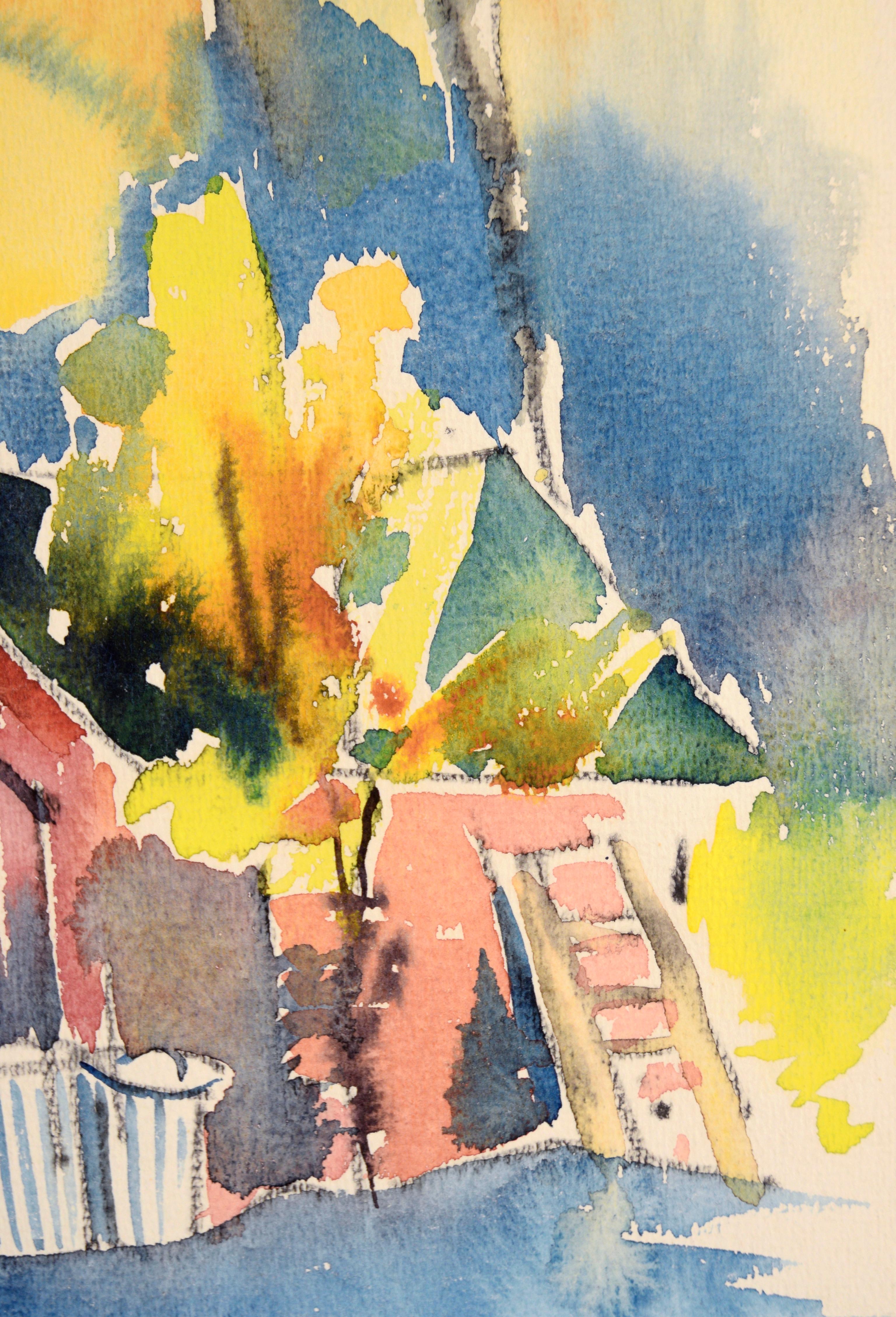 „Our Model T Garage“ – Aquarell-Landschaft auf Papier (Amerikanischer Impressionismus), Art, von Sheila M. Bonser