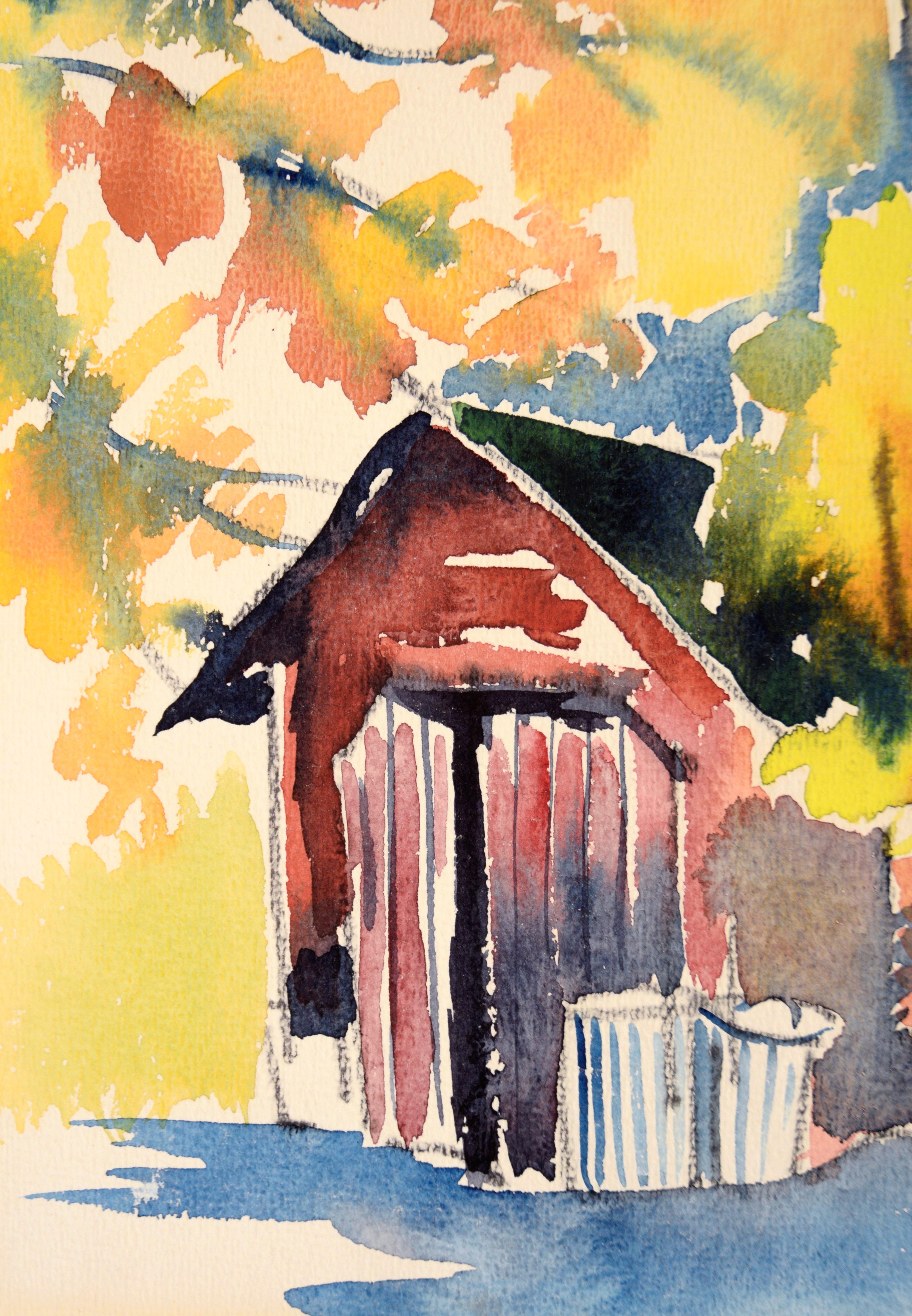 „Our Model T Garage“ – Aquarell-Landschaft auf Papier (Weiß), Landscape Art, von Sheila M. Bonser