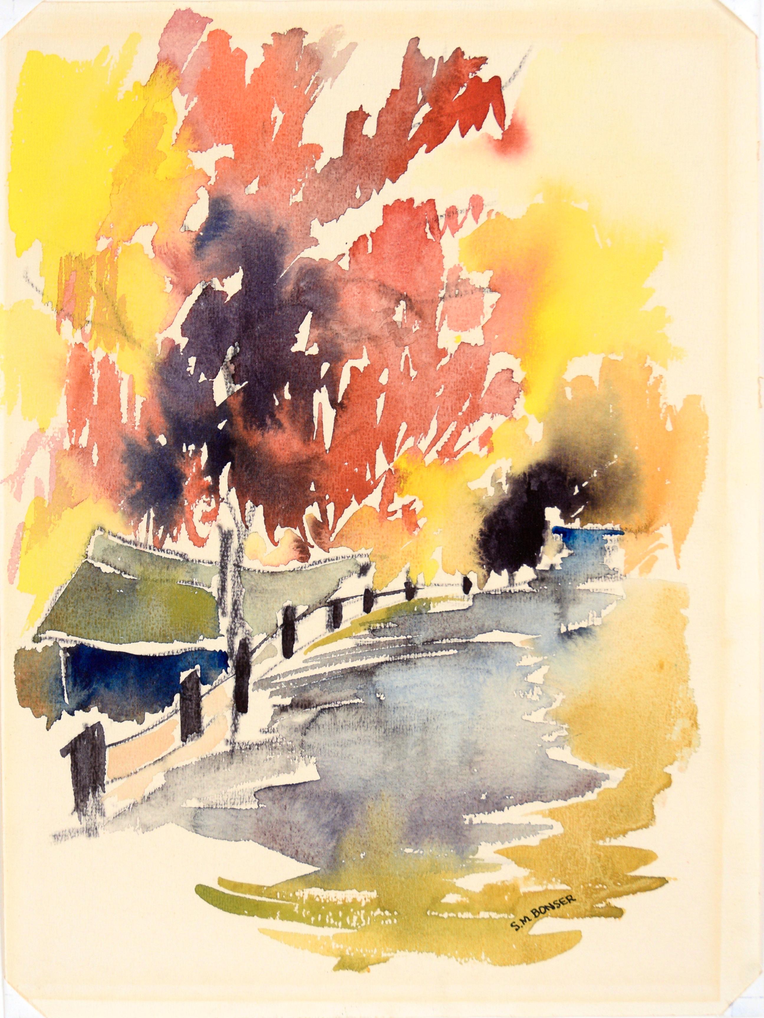 Enlightening Afternoon Near Oregonia – Aquarell-Landschaft auf Papier im Angebot 1