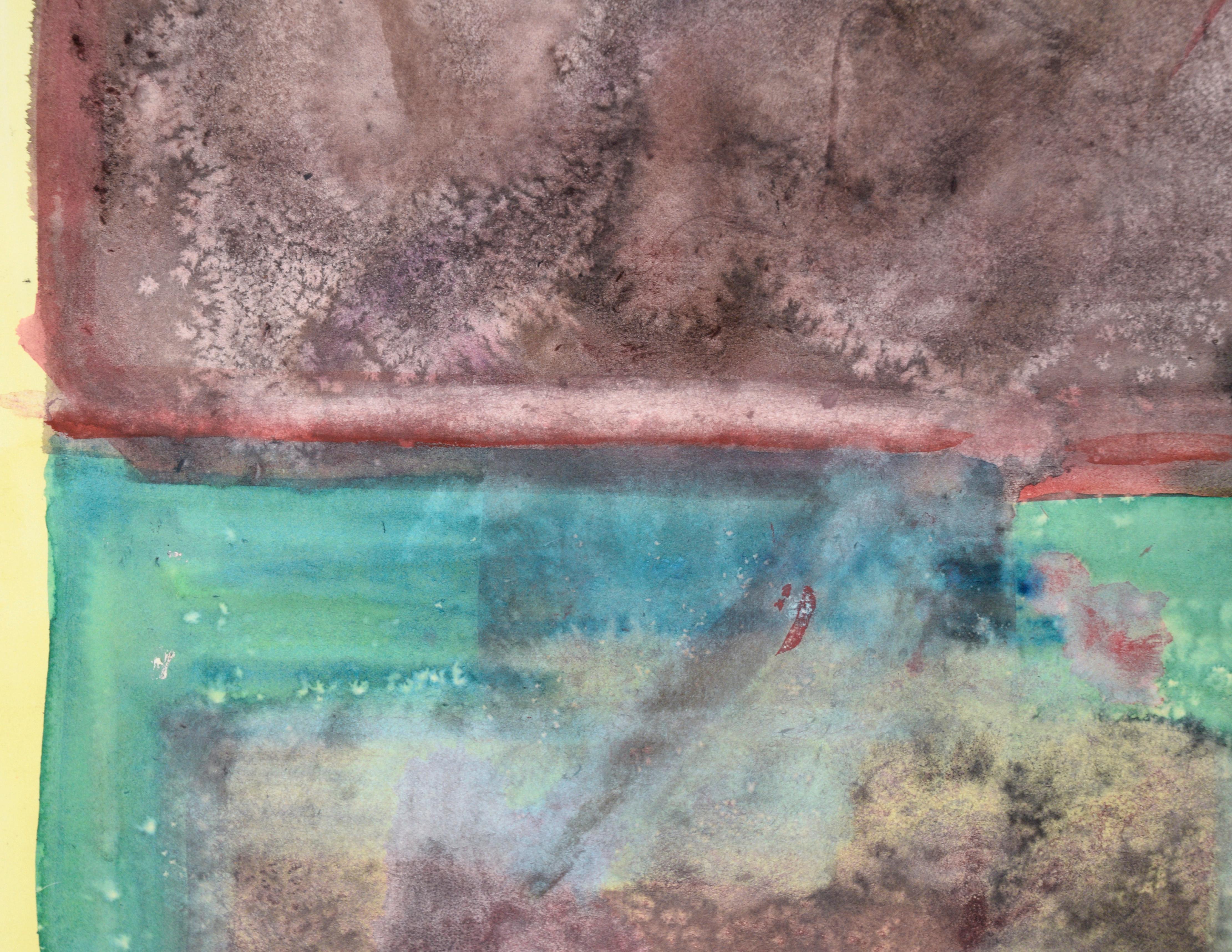 Abstrakte Farbfeldkomposition in Aquarell auf Papier

Kräftige abstrakte Komposition von Ricardo de Silva (Brasilianer, 20. Jahrhundert). Zwei Farbrechtecke stehen senkrecht, oben grau-lila und unten grün. Die grüne Fläche hat als Einschub die
