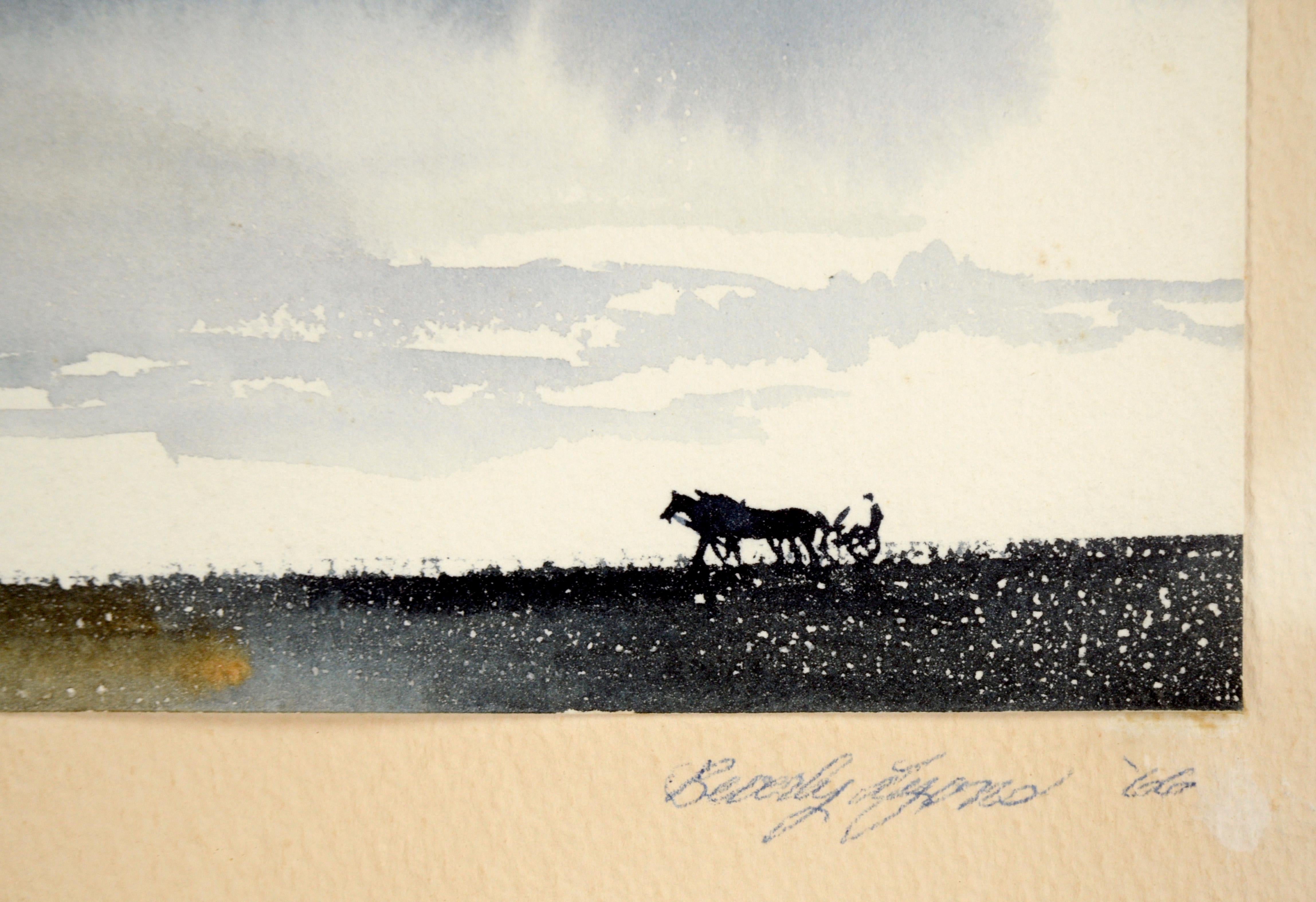 Two Mid Century Rural Landscapes in Watercolor on Paper

Two lovely watercolors by Beverly Lyons (American, 20th Century). In the top watercolor, an expansive sky sits above a strip of farm, with farm animals pulling a plow. In the lower landscape,