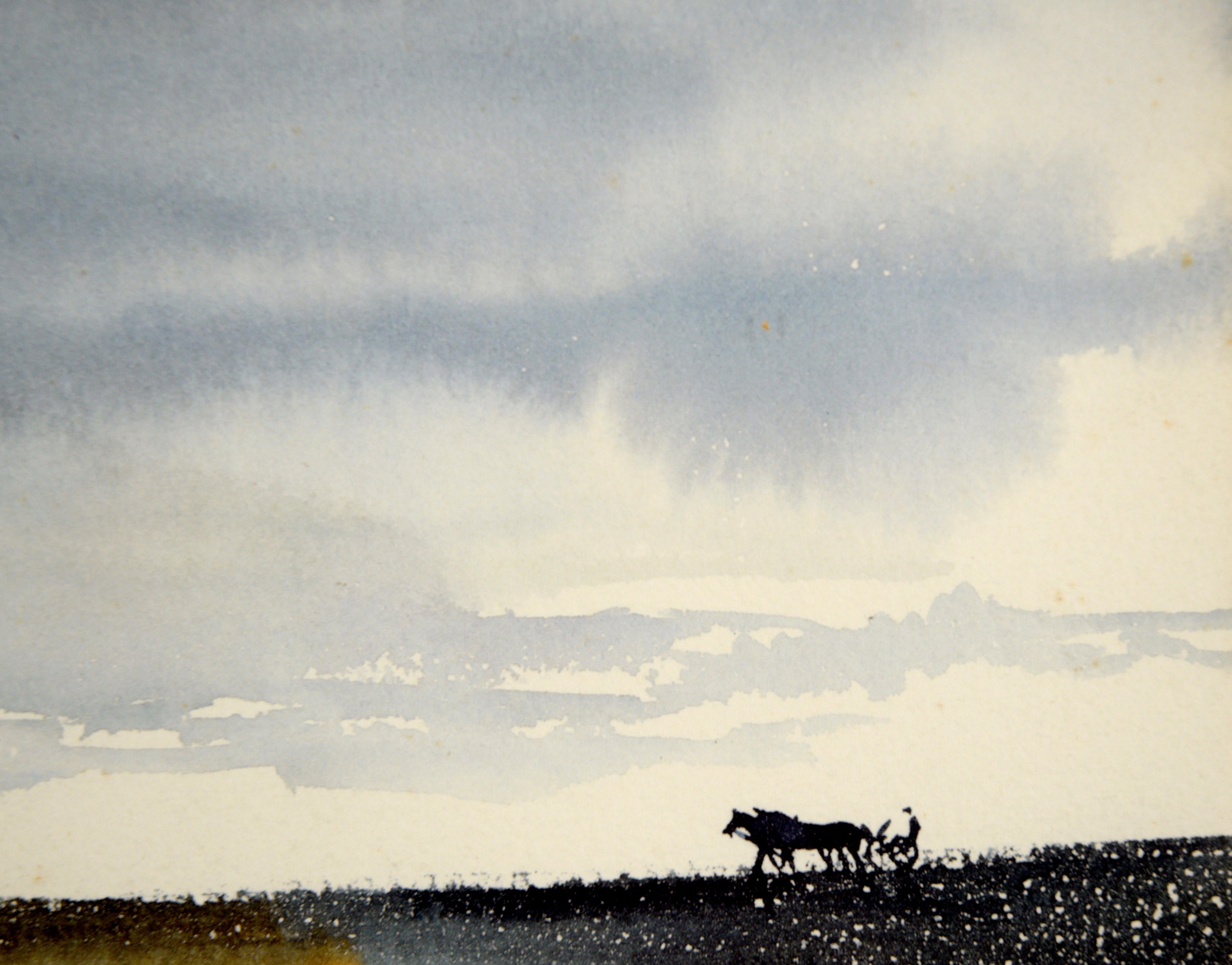 Zwei ländliche Landschaften aus der Mitte des Jahrhunderts in Aquarell auf Papier (Grau), Animal Art, von Beverly Lyons