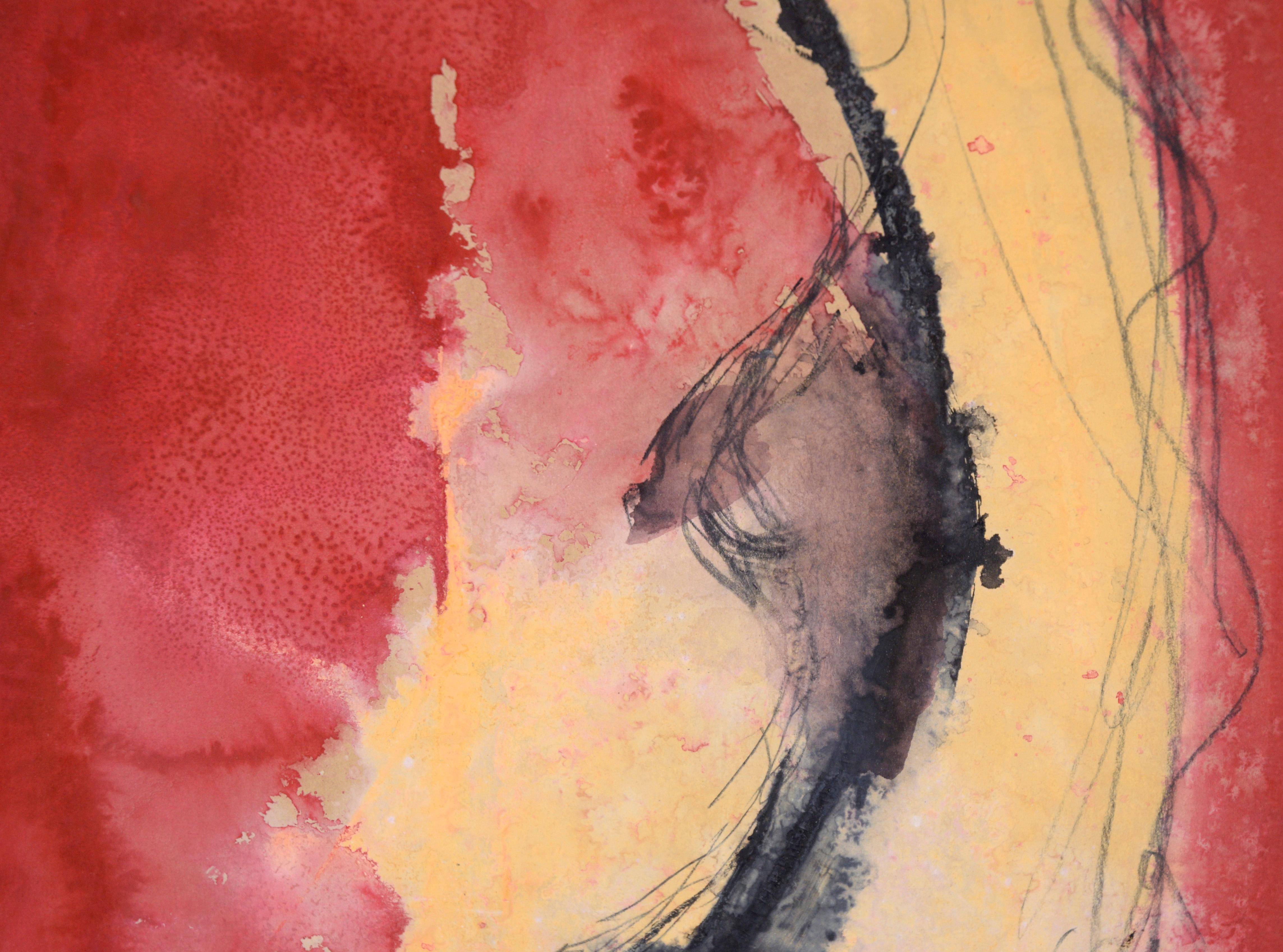 Rotes und gelbes Galaxy Abstraktes Acryl auf Papier mit Umwicklung von Interview Magazine (Pink), Abstract Drawing, von Ricardo de Silva