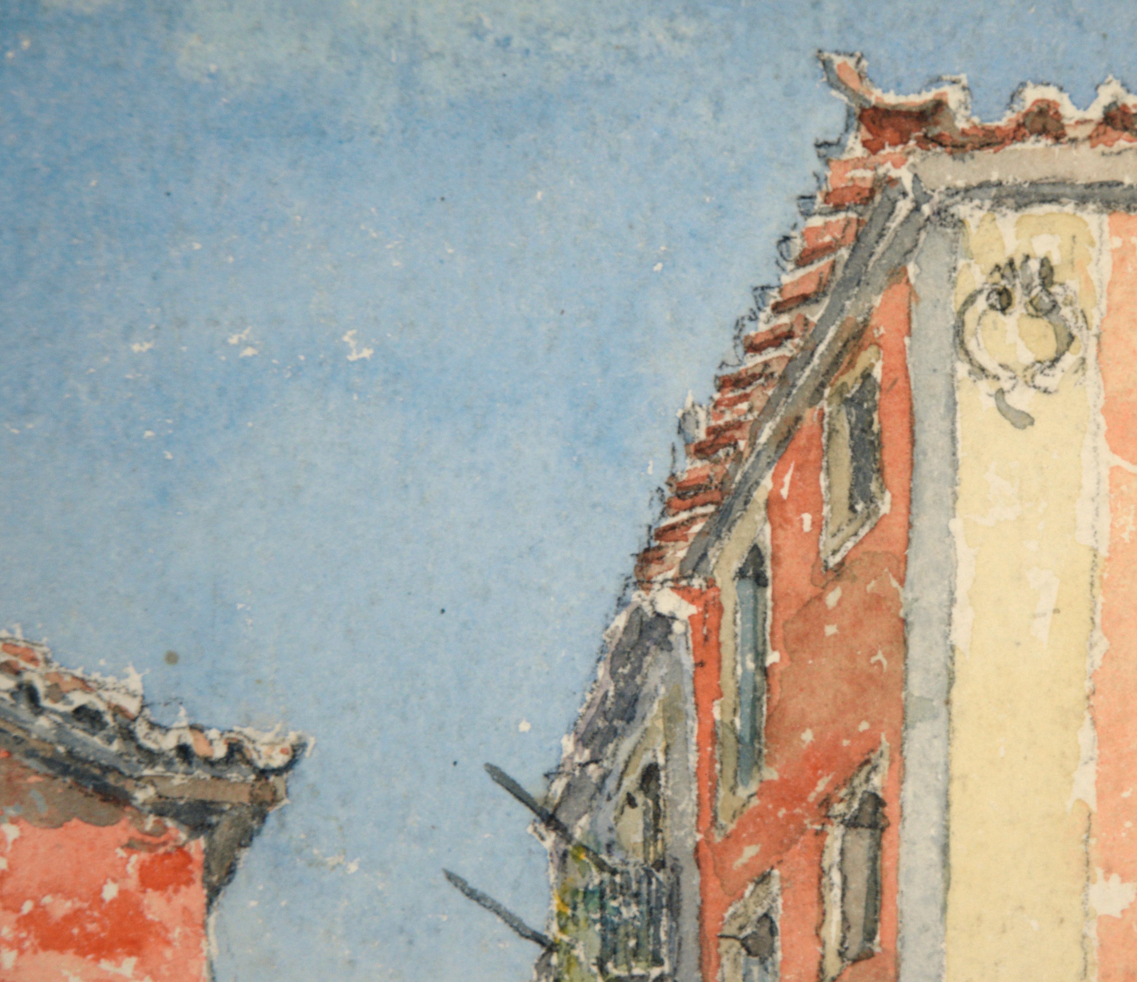 Street in Alfama Neighborhood Lisbon Portugal in Watercolor on Paper by Quignard For Sale 1