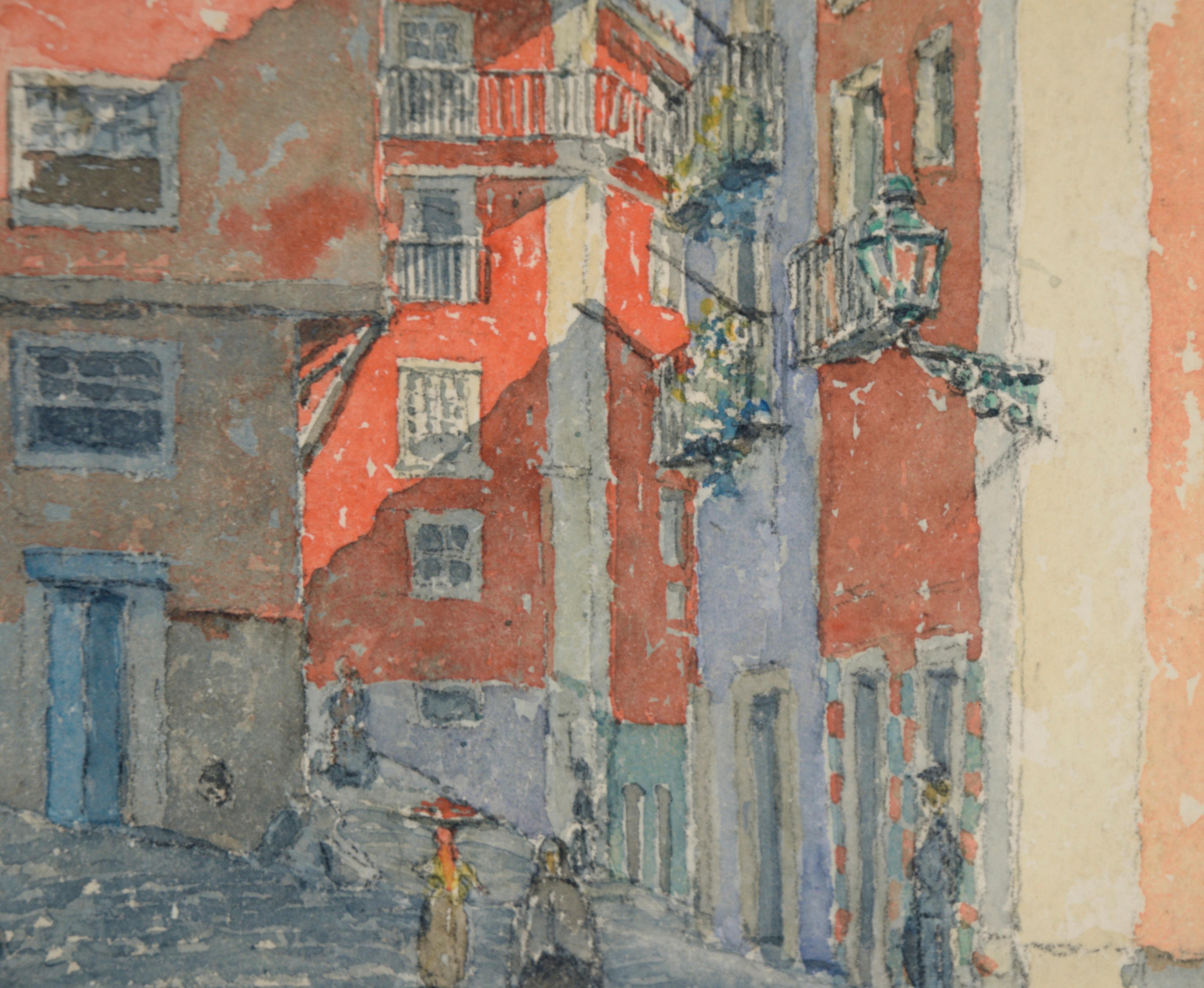 Street in Alfama Neighborhood Lisbon Portugal in Watercolor on Paper by Quignard For Sale 3