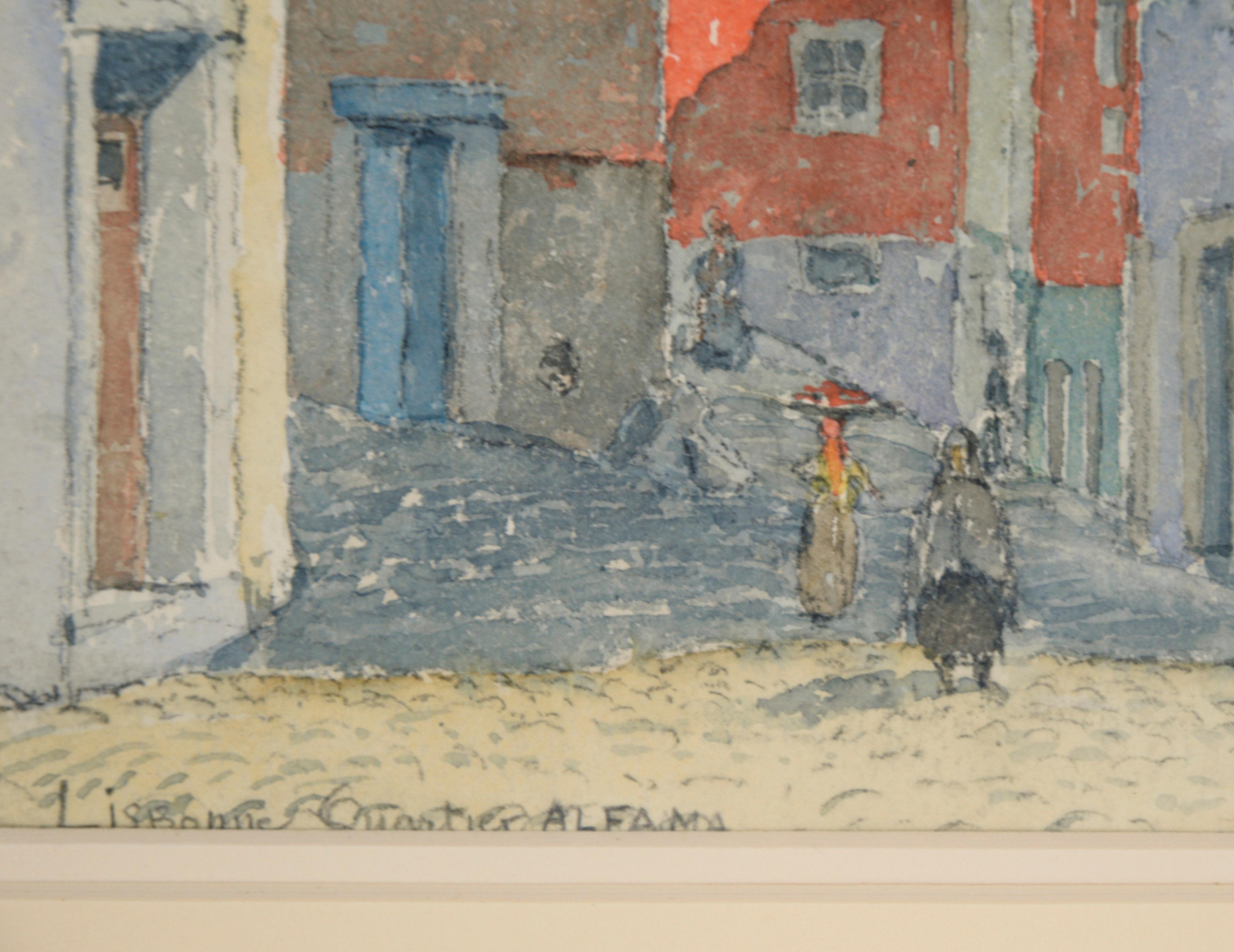 Street in Alfama Neighborhood Lisbon Portugal in Watercolor on Paper by Quignard For Sale 5