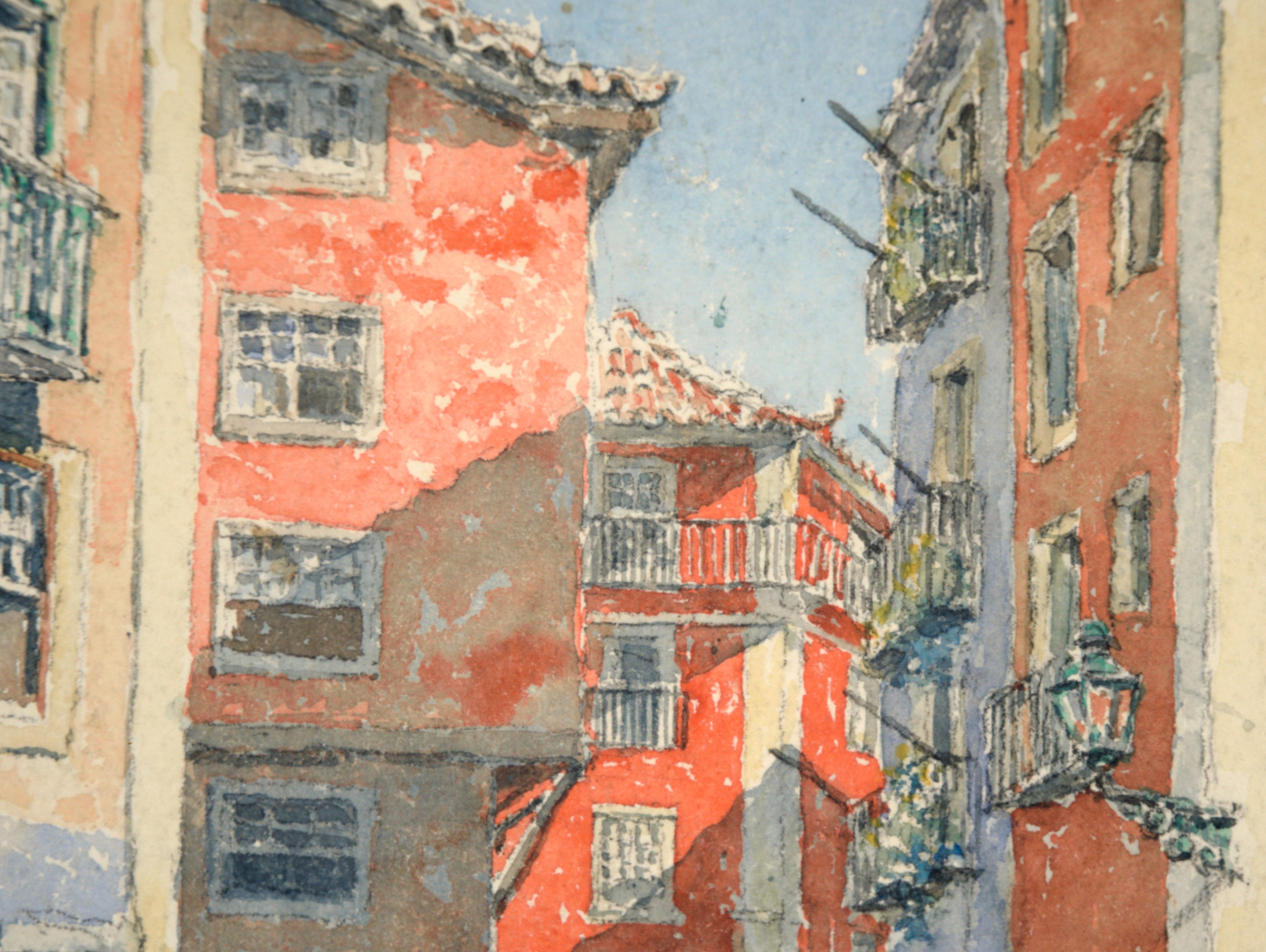 Street in Alfama Neighborhood Lisbon Portugal in Watercolor on Paper by Quignard For Sale 2