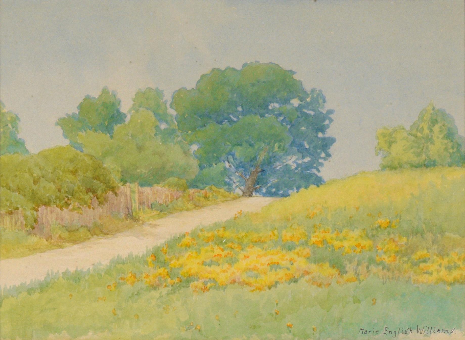 Paysage rural en Californie en peupliers dorés et chênes bleus - Aquarelle sur papier - Art de Marie English Williams