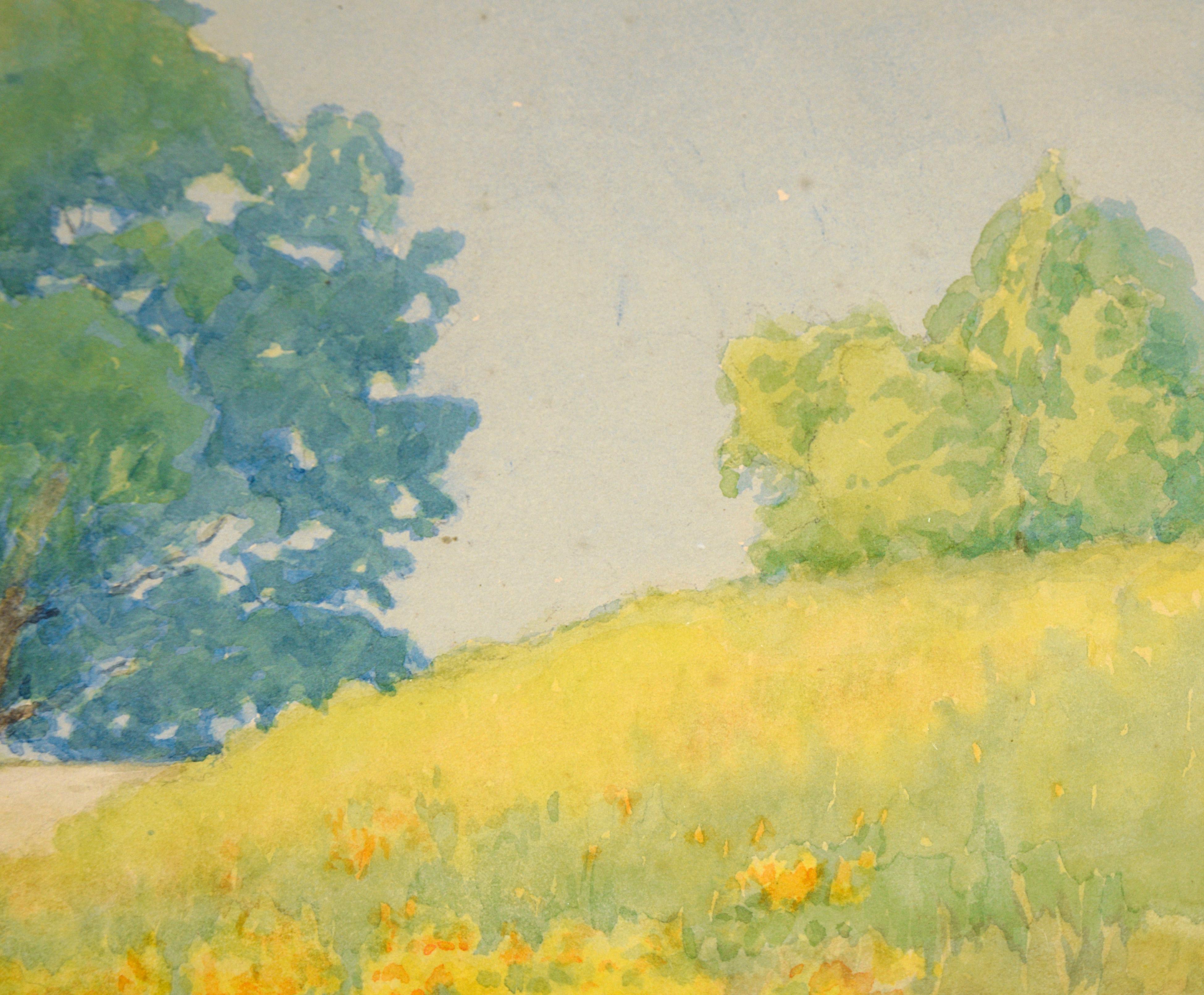 California Golden Poppies and Blue Oaks - Rural Landscape in Watercolor on Paper For Sale 1