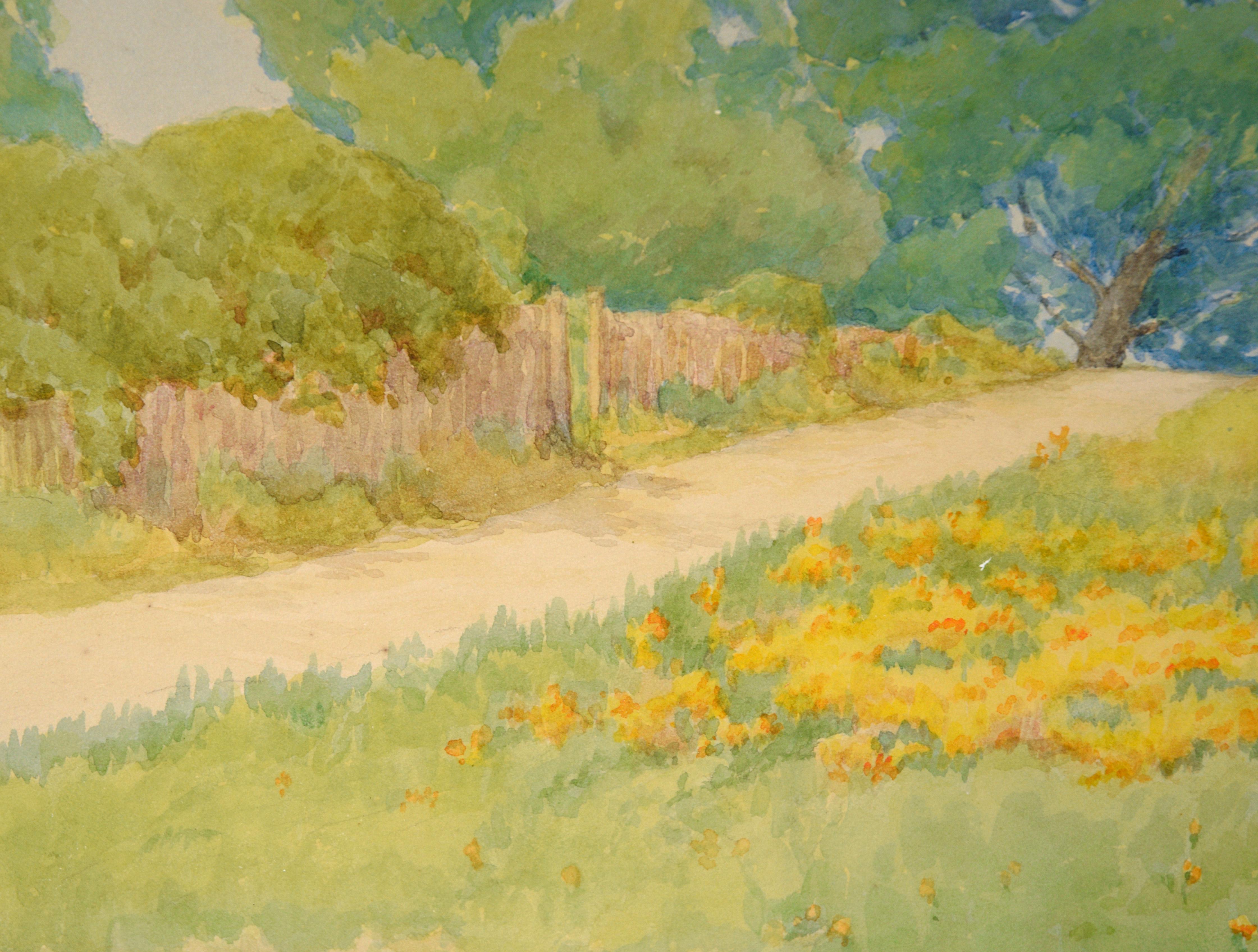 California Golden Poppies and Blue Oaks - Rural Landscape in Watercolor on Paper For Sale 2