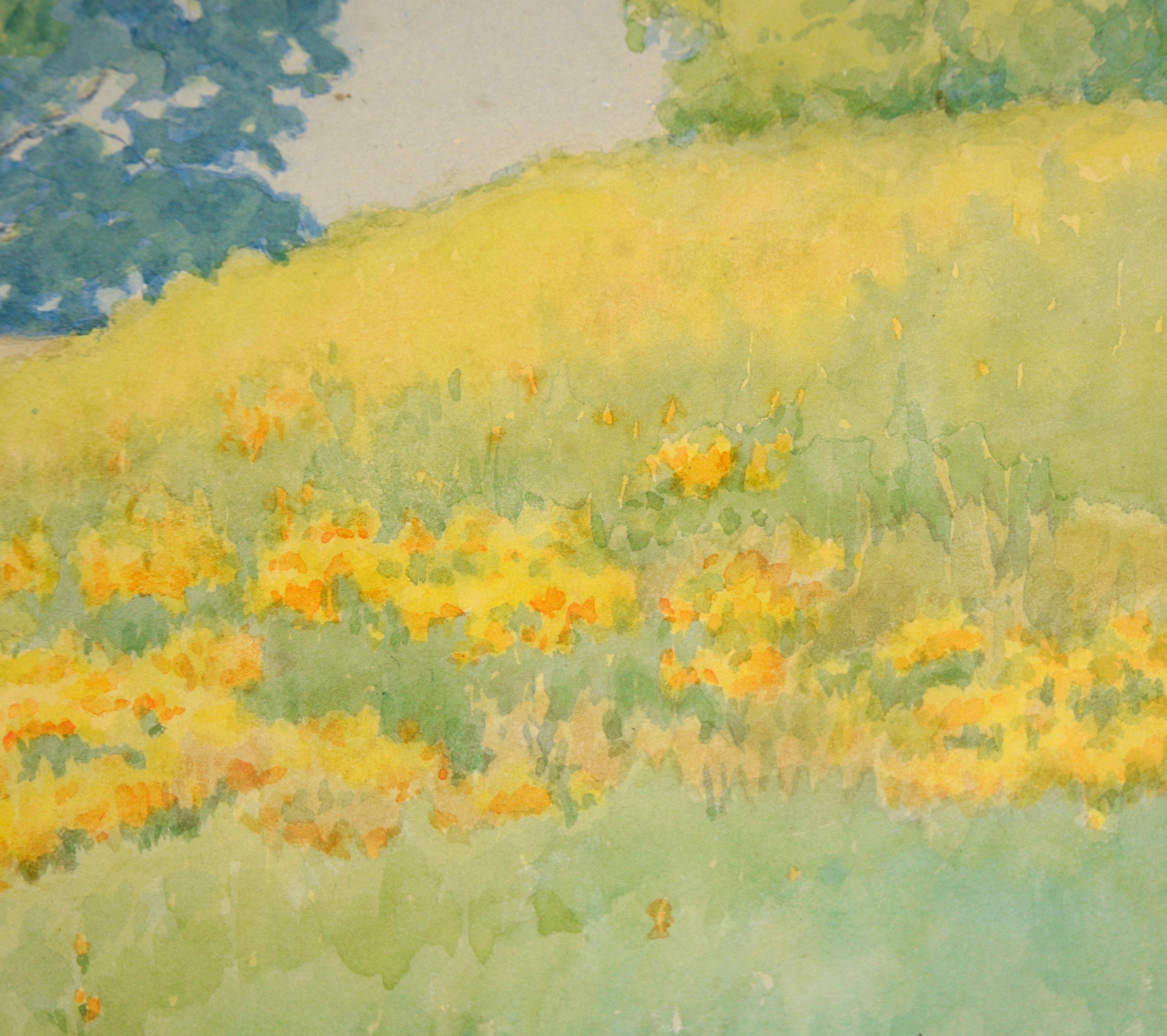 California Golden Poppies and Blue Oaks - Rural Landscape in Watercolor on Paper For Sale 4