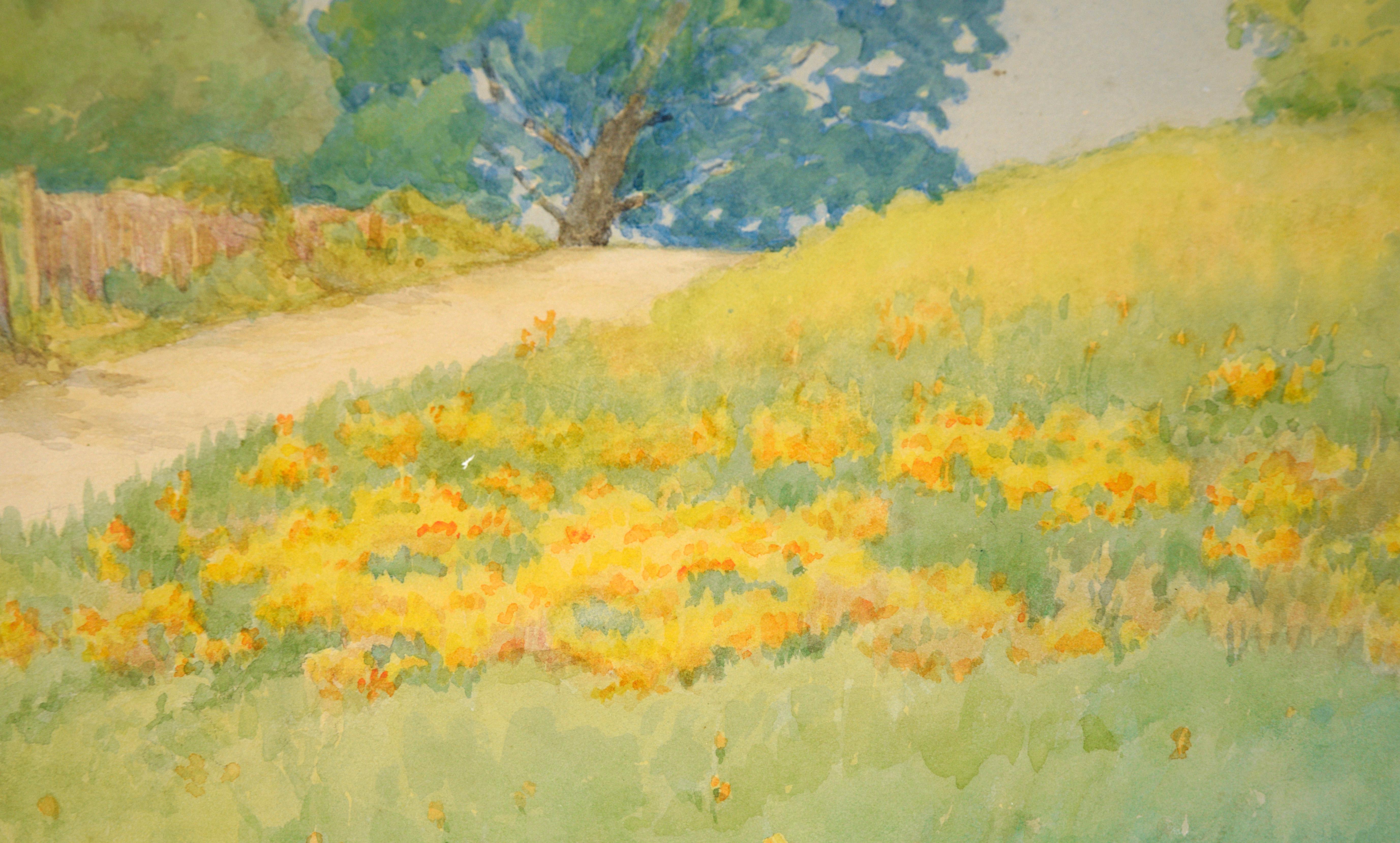 California Golden Poppies and Blue Oaks - Rural Landscape in Watercolor on Paper For Sale 3