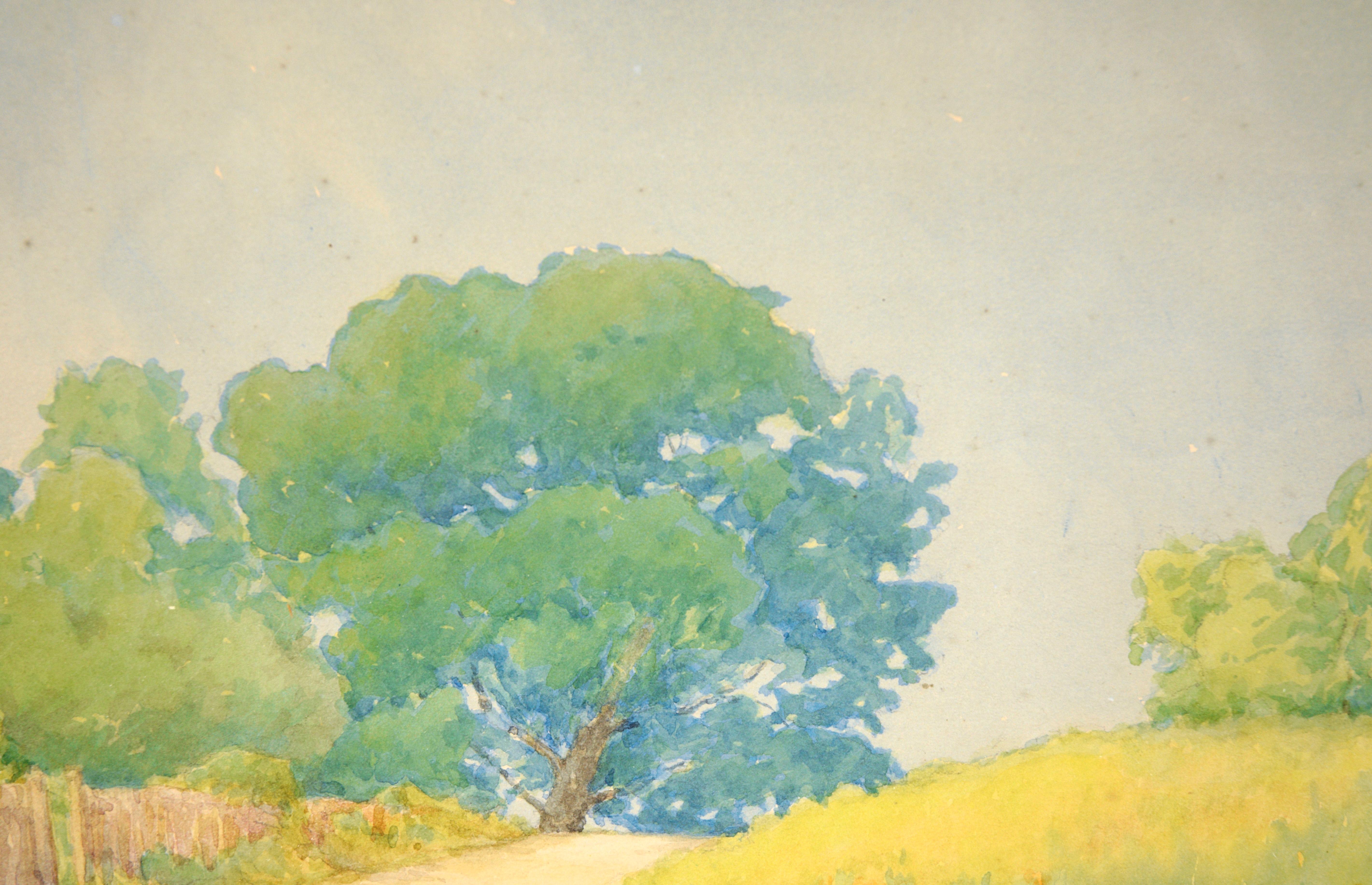 Fleurs dorées et chênes bleus - Paysage rural californien en aquarelle sur papier

Paysage vibrant de l'artiste californienne Marie Williams (américaine, 1878-1969). Des fleurs jaunes couvrent un champ le long d'un chemin dans une zone rurale de