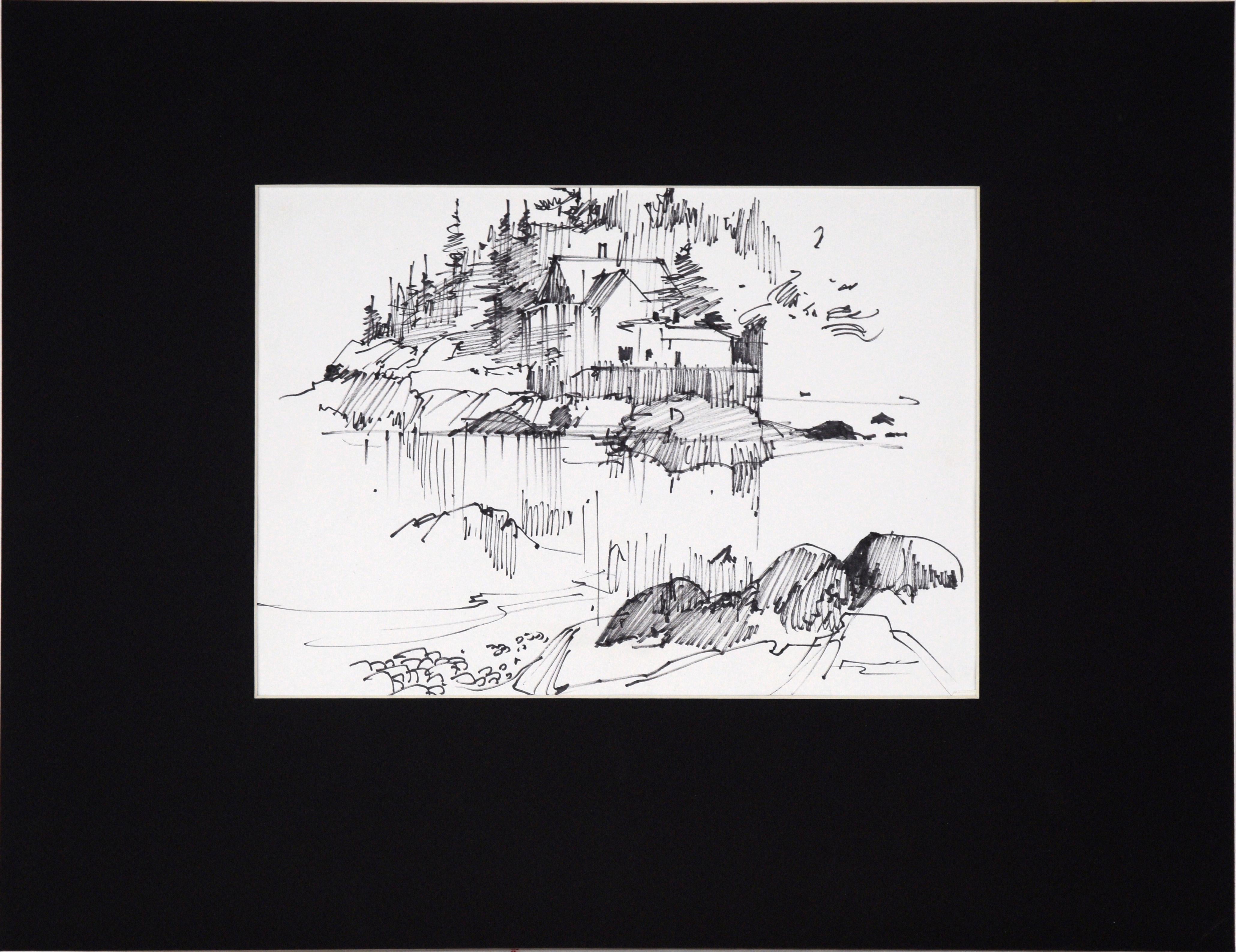 House Across the Lake – Linienzeichnung, Landschaft mit Tinte auf Papier