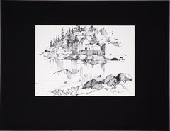 House Across the Lake - Line Drawing Landscape in Ink on Paper