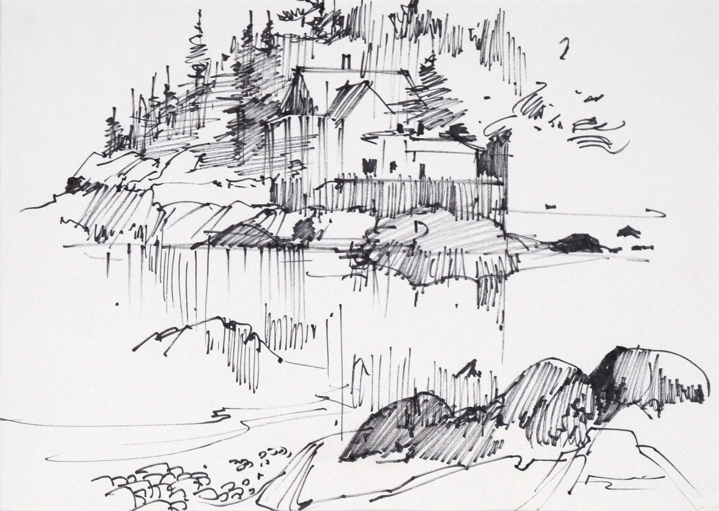 House Across the Lake - Line Drawing Landscape in Ink on Paper - Art by Laurence Sisson