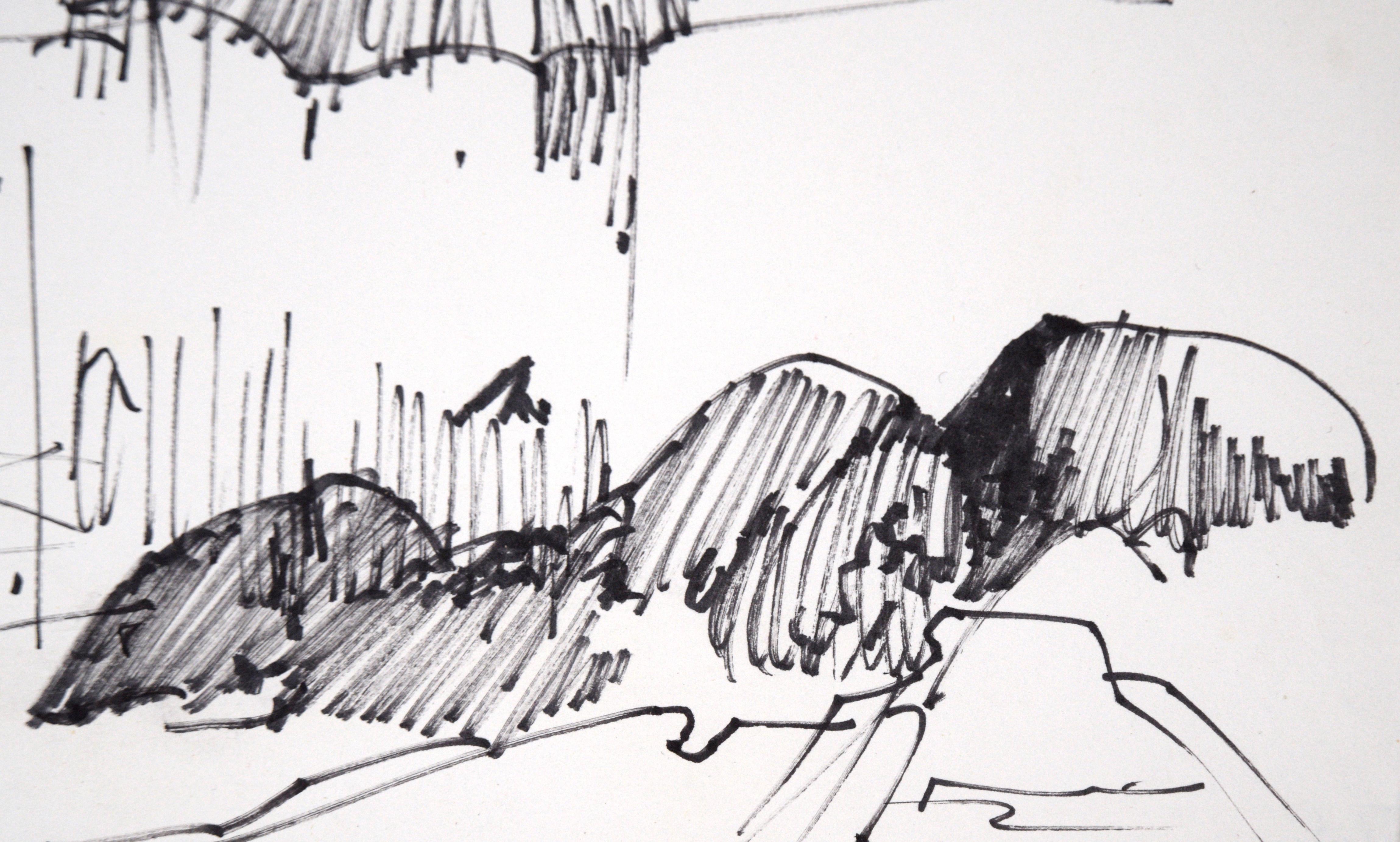 House Across the Lake - Line Drawing Landscape in Ink on Paper - Black Landscape Art by Laurence Sisson