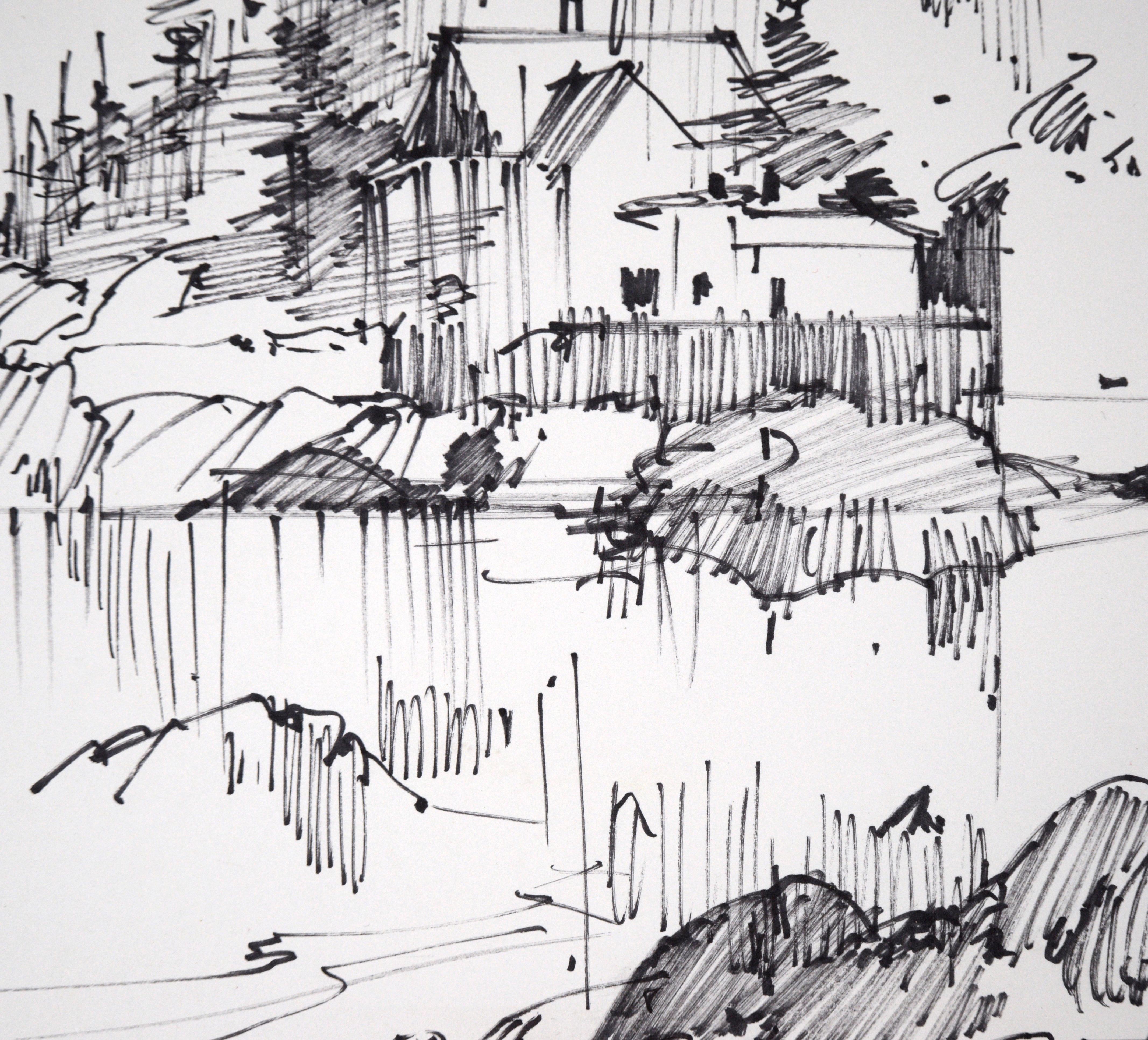 House Across the Lake - Line Drawing Landscape in Ink on Paper

Delicate landscape line drawing by listed Maine artist Laurence Sisson (American, 1928-2015). The viewer stands at the edge of a body of water, with a few rocks on the shore. Across the