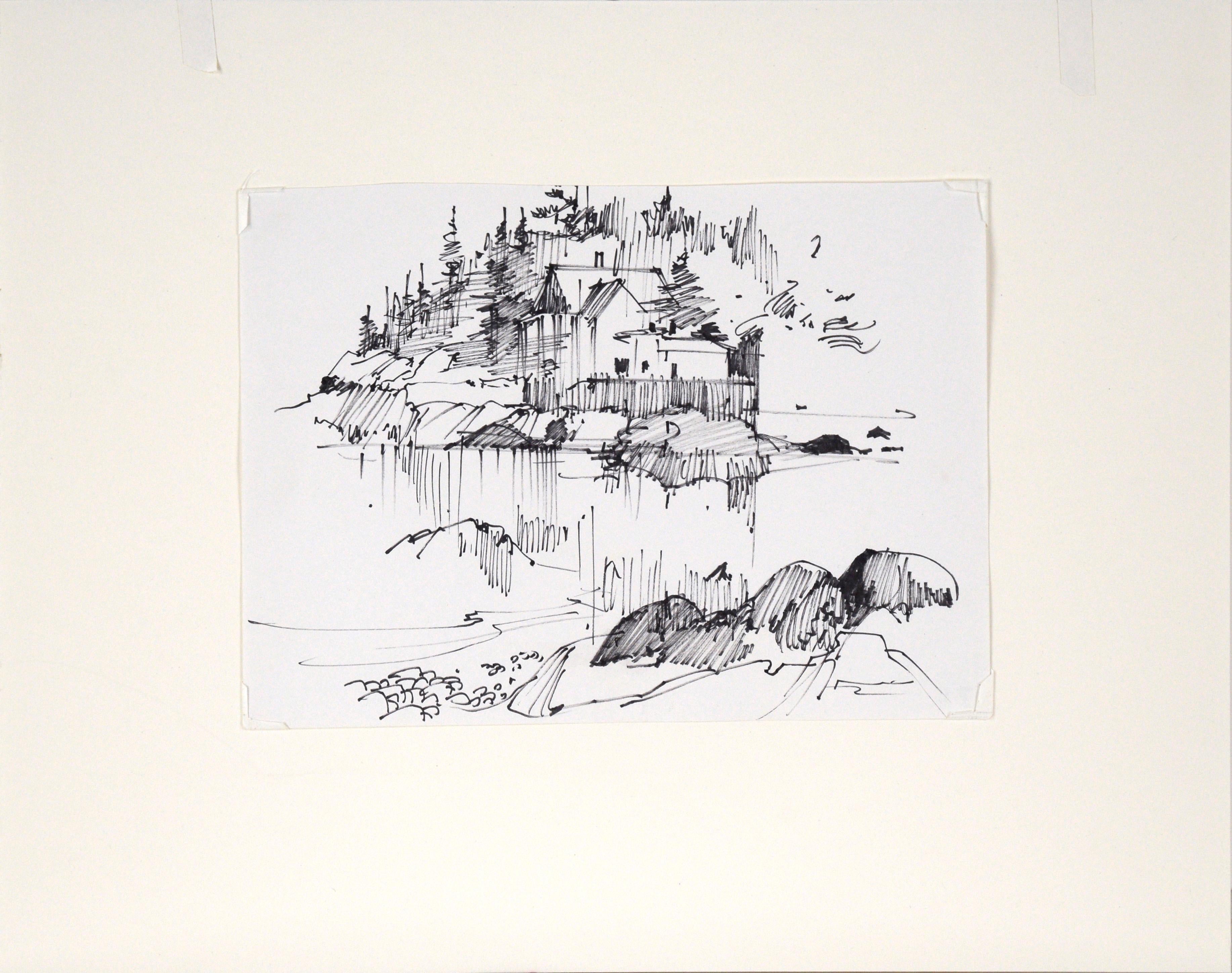 House Across the Lake - Line Drawing Landscape in Ink on Paper For Sale 1