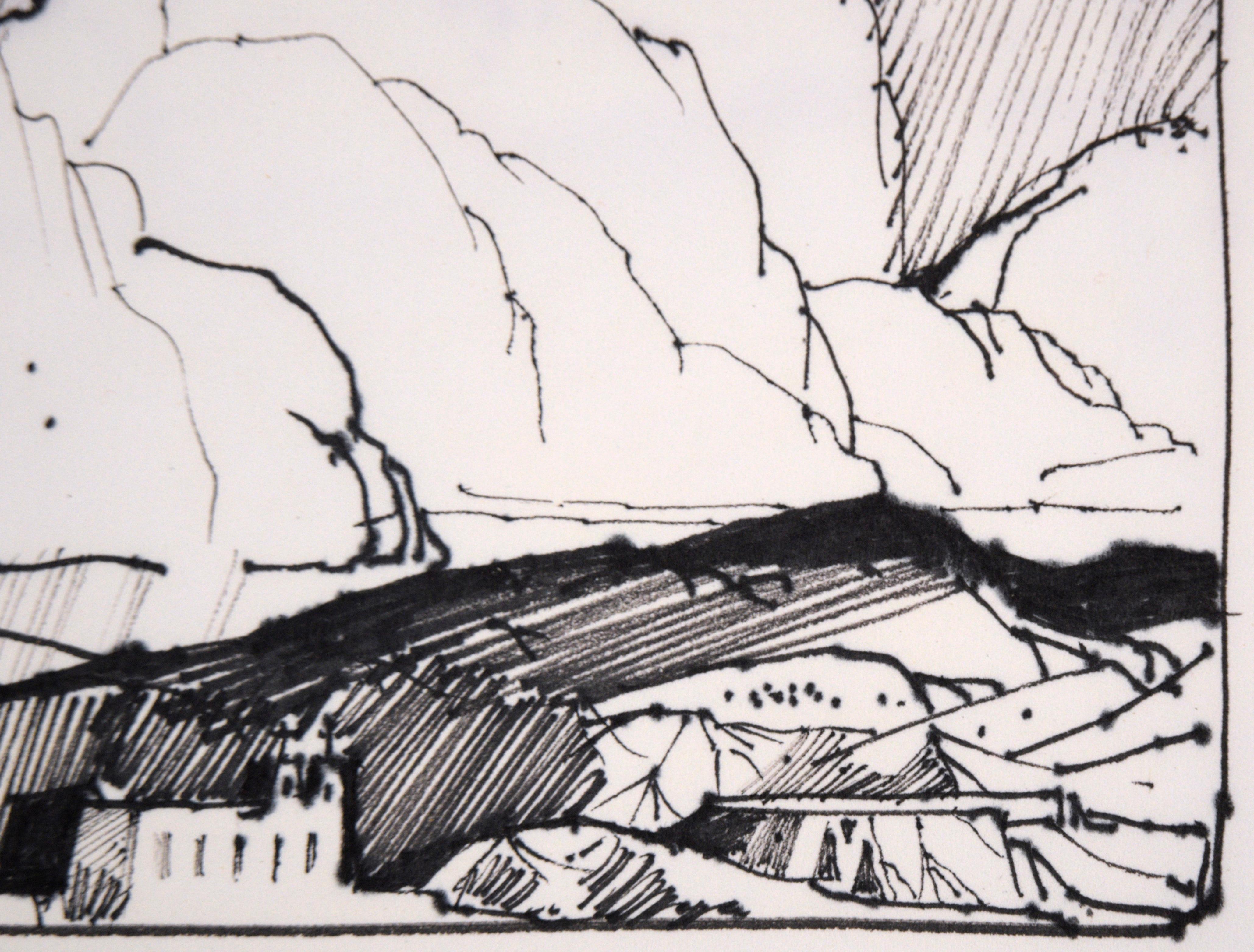 Wolken über der hohen Wüste – Linienzeichnung Landschaft in Tinte auf Papier

Kräftige Landschaftszeichnung des in Maine lebenden Künstlers Laurence Sisson (Amerikaner, 1928-2015). Riesige Kumuluswolken hängen über der Landschaft unter uns. Die