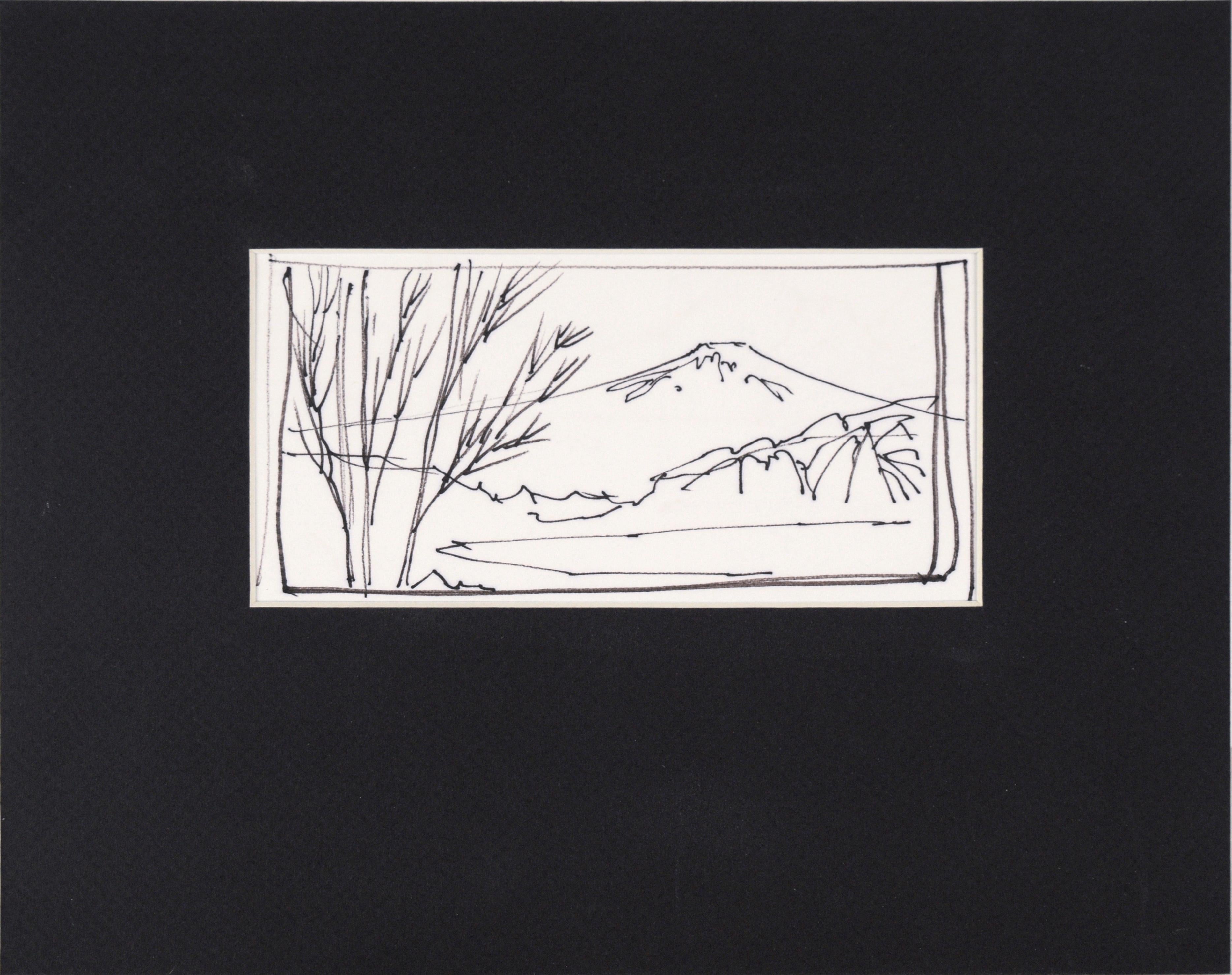 Le lac des montagnes au bord de la neige - Paysage dessiné en ligne à l'encre sur papier