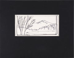 Snow-Capped Mountain Lake - Line Drawing Landscape in Ink on Paper