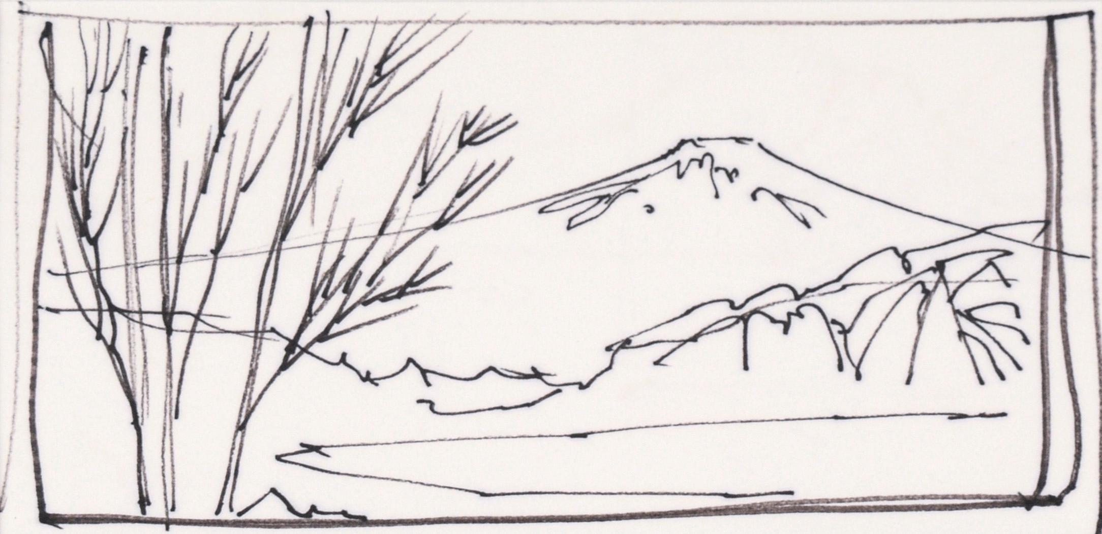 Snow-Capped Mountain Lake - Line Drawing Landscape in Ink on Paper - Art by Laurence Sisson