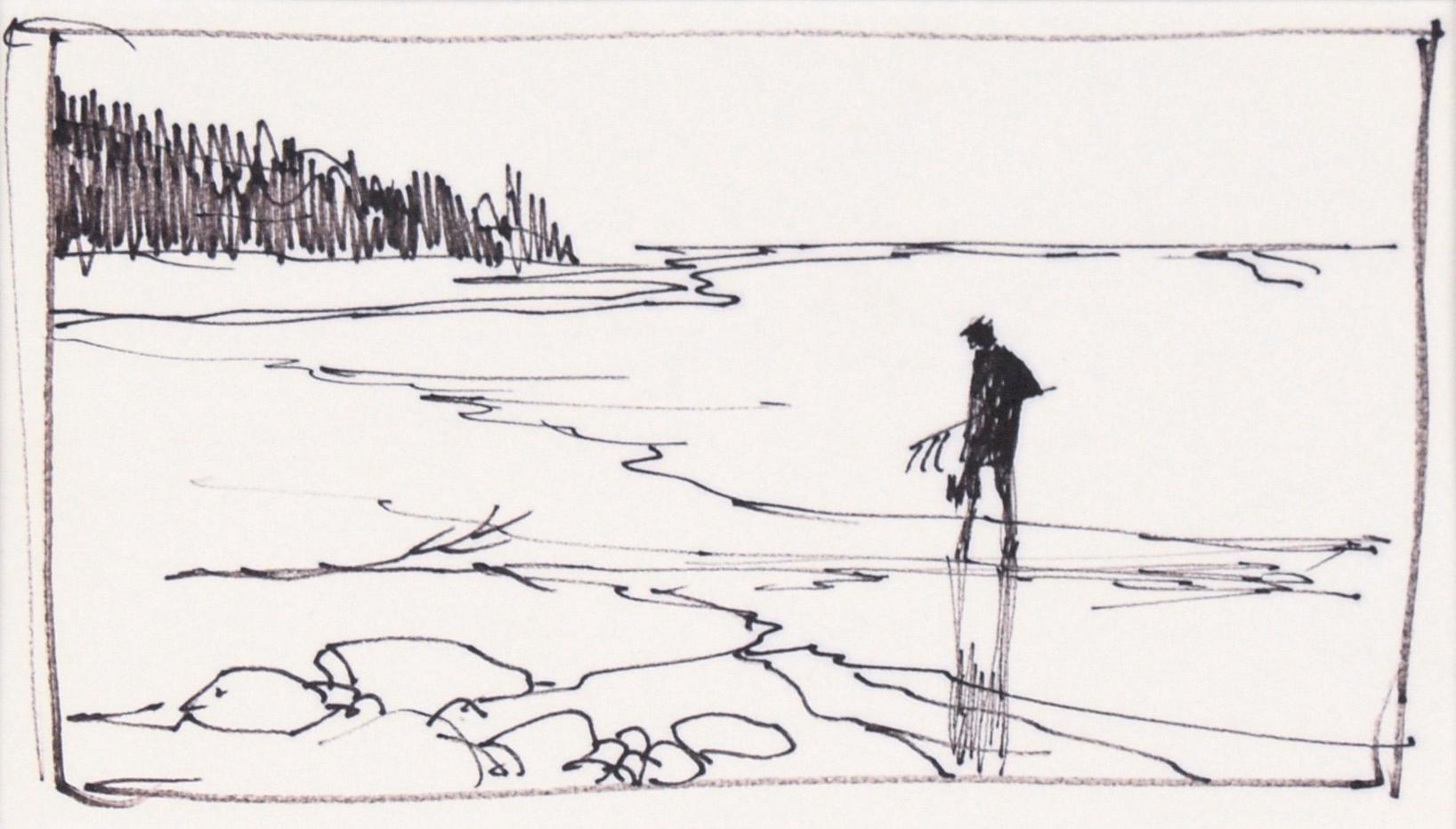 Beachcomber  con Rastrillo de almejas - Dibujo lineal Paisaje en tinta sobre papel - Art de Laurence Sisson