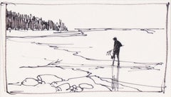 Beachcomber  with Clam Rake - Line Drawing Landscape in Ink on Paper