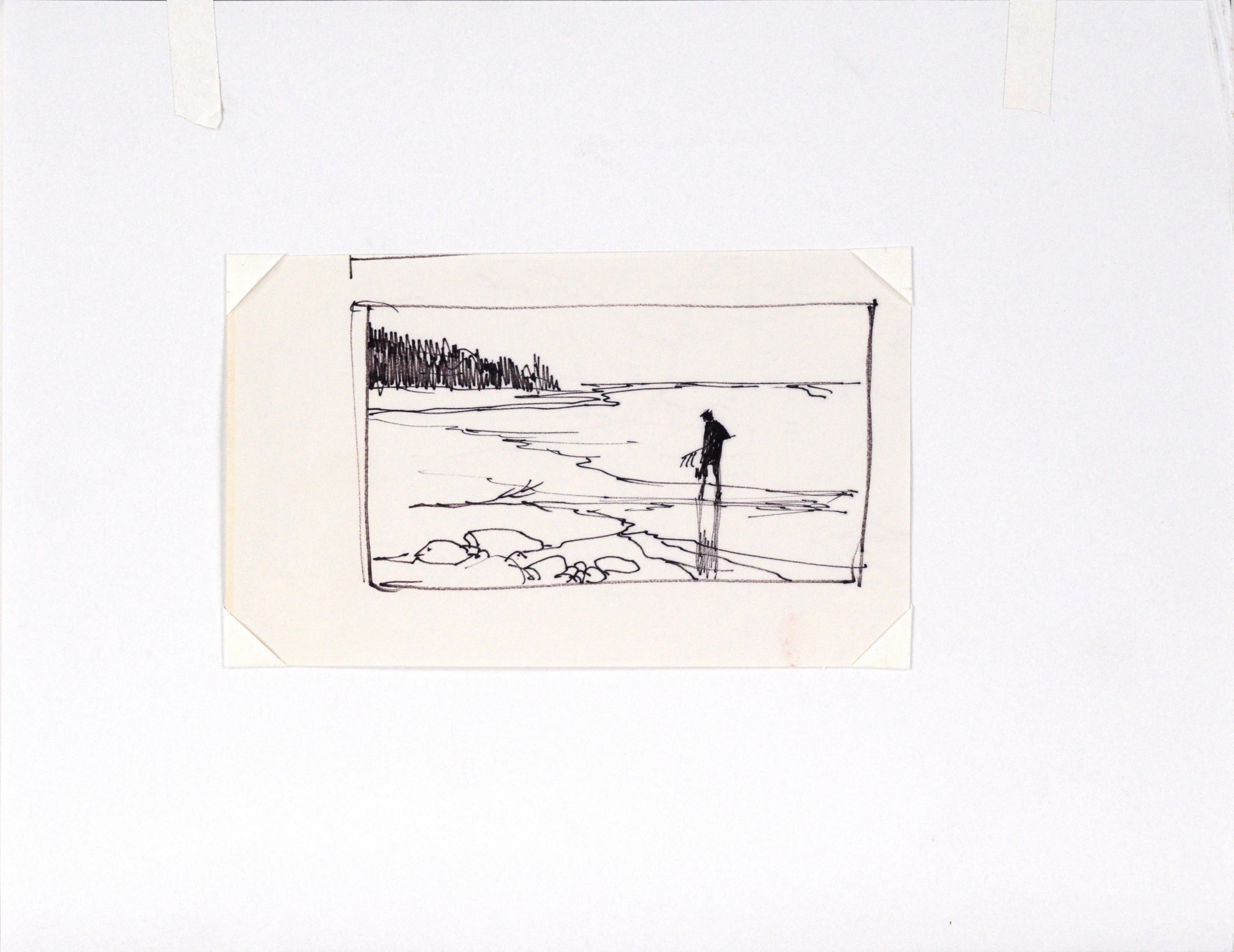 Beachcomber - Line Drawing Landscape in Ink on Paper

Bold landscape line drawing by listed Maine artist Laurence Sisson (American, 1928-2015). A lone figure walks a shoreline carrying a tool towards a line of trees stretching towards the water. 