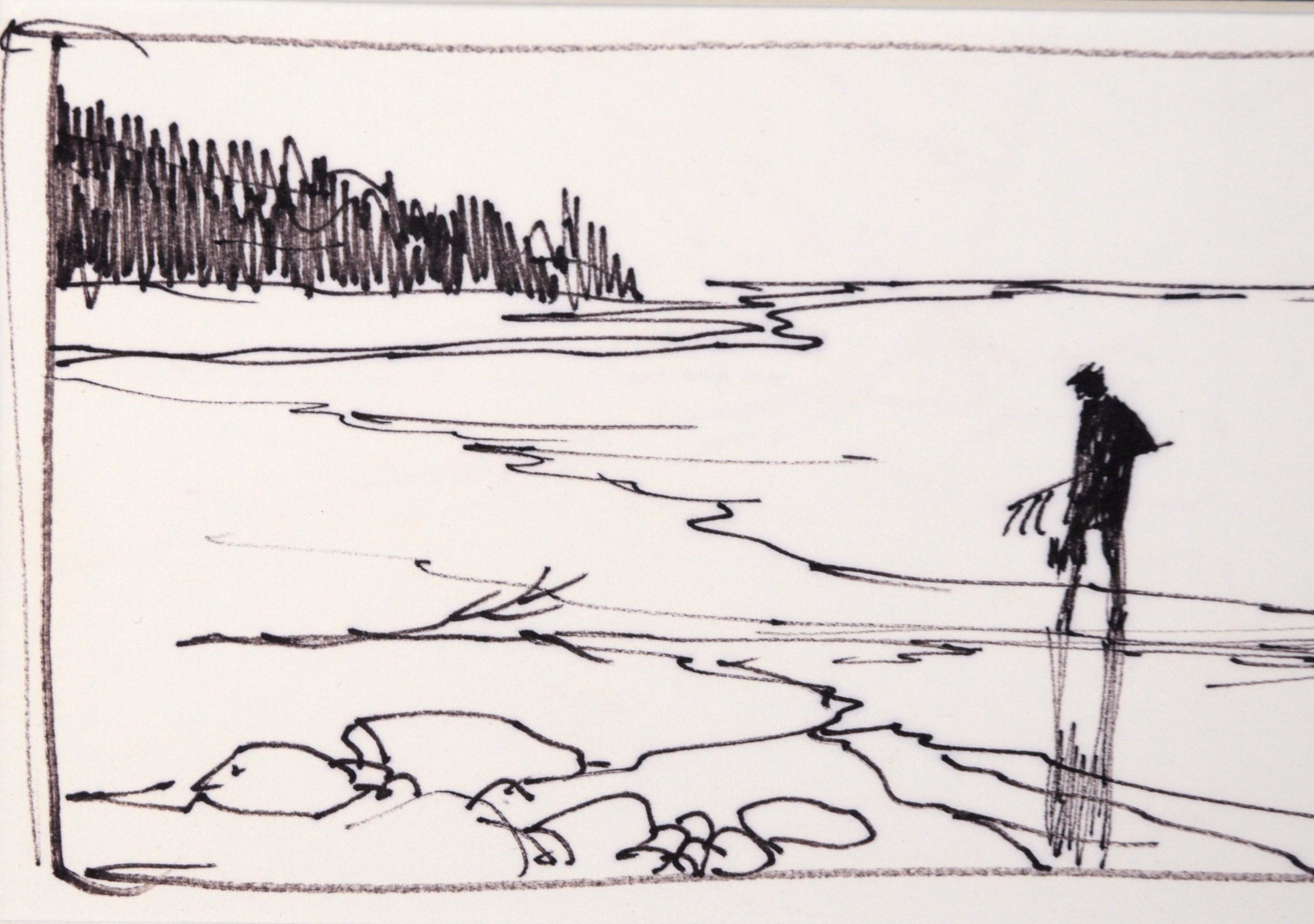 Beachcomber  with Clam Rake - Line Drawing Landscape in Ink on Paper - American Impressionist Art by Laurence Sisson