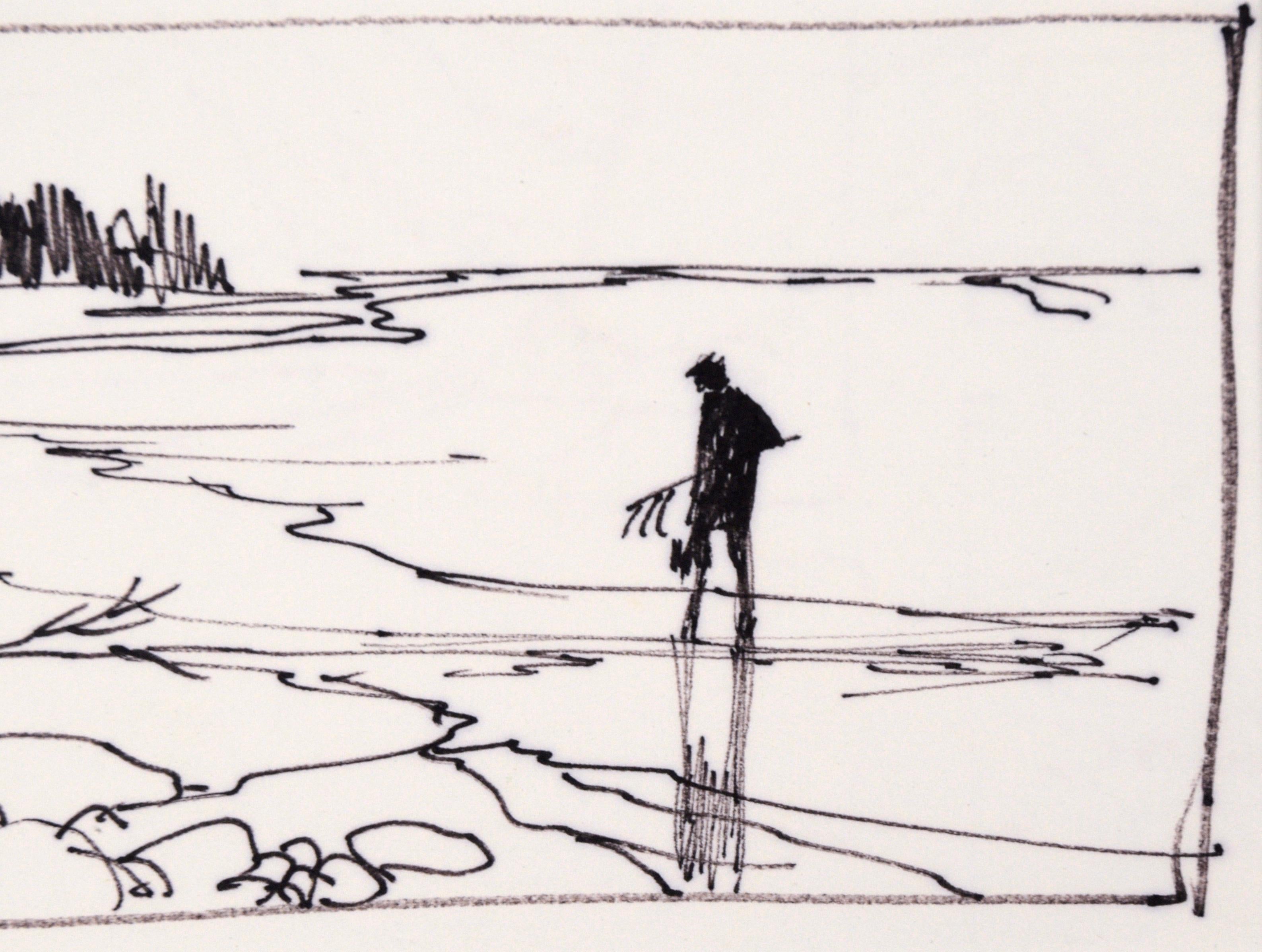 Beachcomber  with Clam Rake - Line Drawing Landscape in Ink on Paper - Black Figurative Art by Laurence Sisson