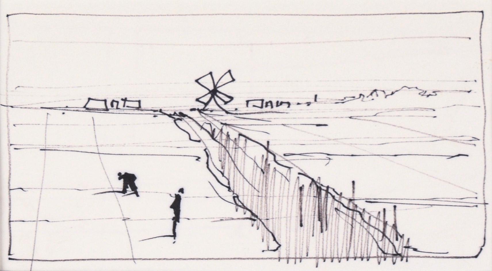Tending the fields - Windmill - Line Drawing Landscape in Ink on Paper - Art by Laurence Sisson