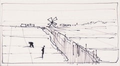 Tending the fields - Windmill - Line Drawing Landscape in Ink on Paper