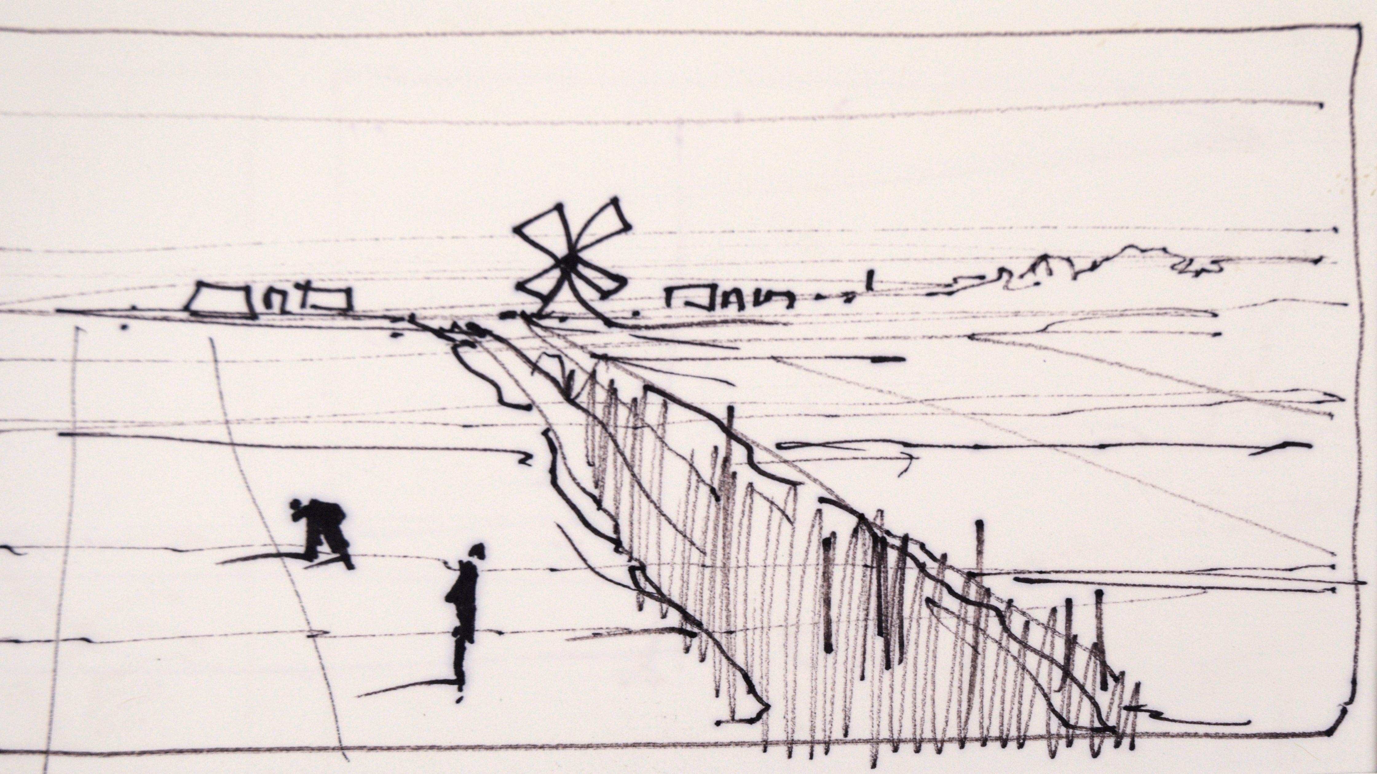 Tending the fields - Windmill - Line Drawing Landscape in Ink on Paper - Black Figurative Art by Laurence Sisson