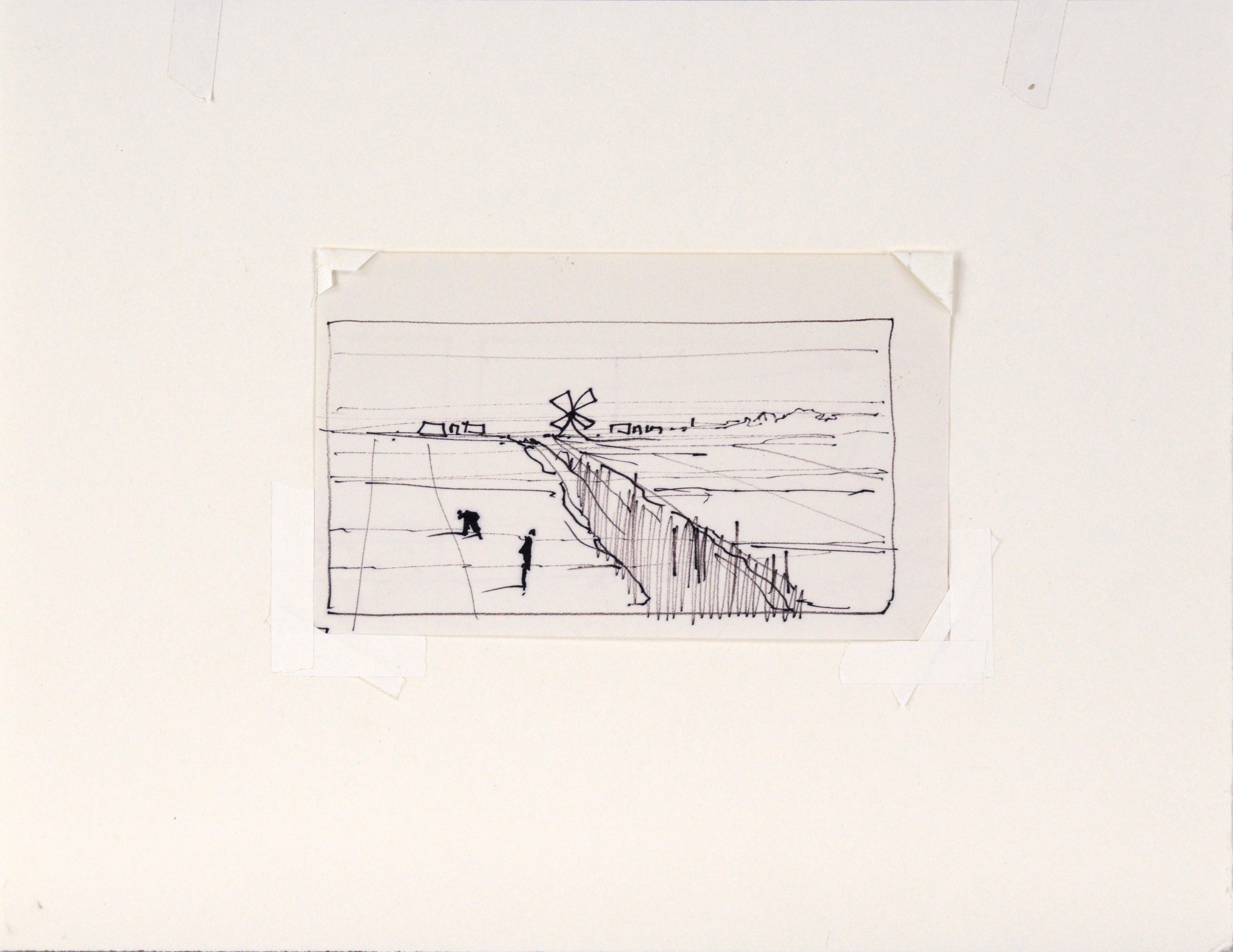 Cuidar los campos - Dibujo lineal Paisaje en tinta sobre papel

Atrevido dibujo lineal de paisaje de la artista de Maine Laurence Sisson (estadounidense, 1928-2015). Dos figuras inclinadas sobre el campo proyectan largas sombras. Un camino divide