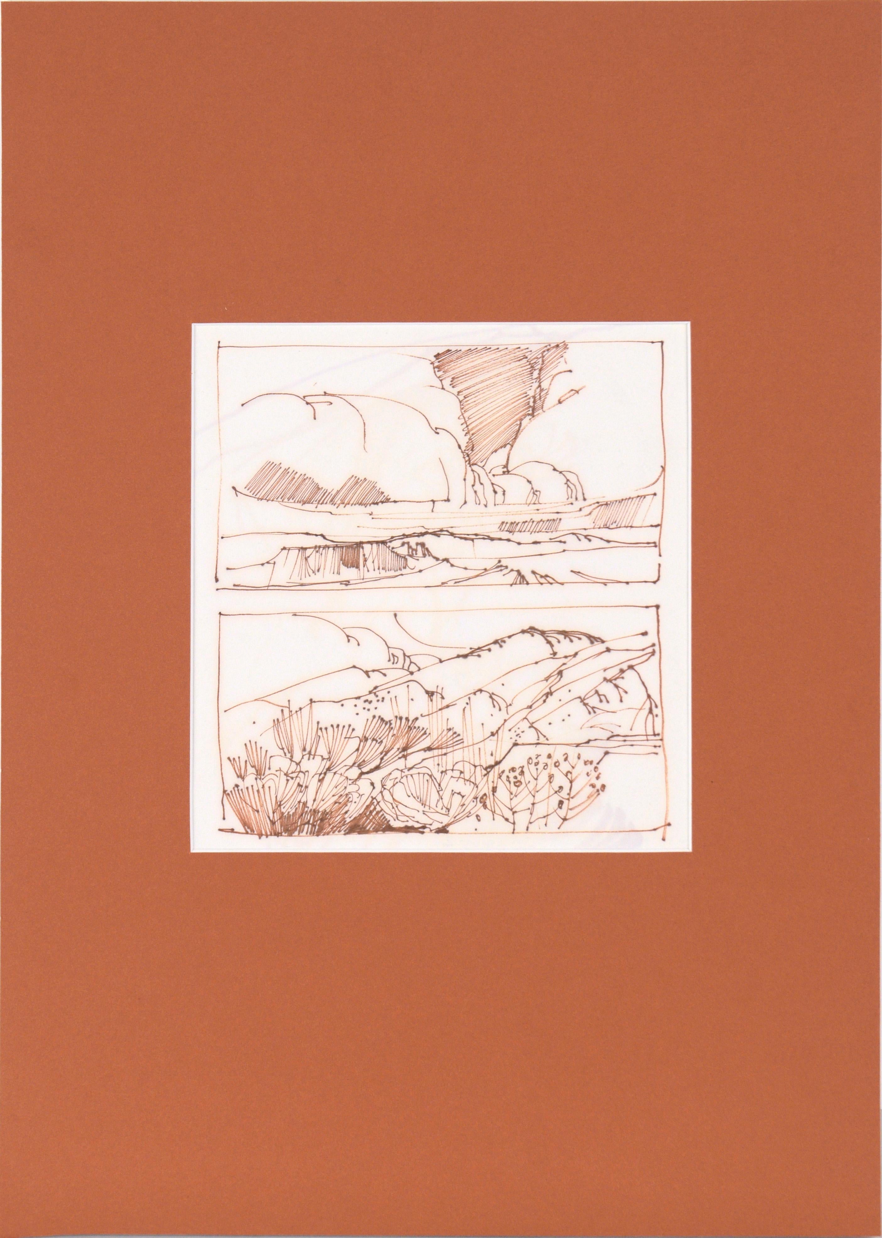Laurence Sisson Landscape Art - Two High Desert Landscapes - Line Drawing in Sepia-Toned Ink on Paper