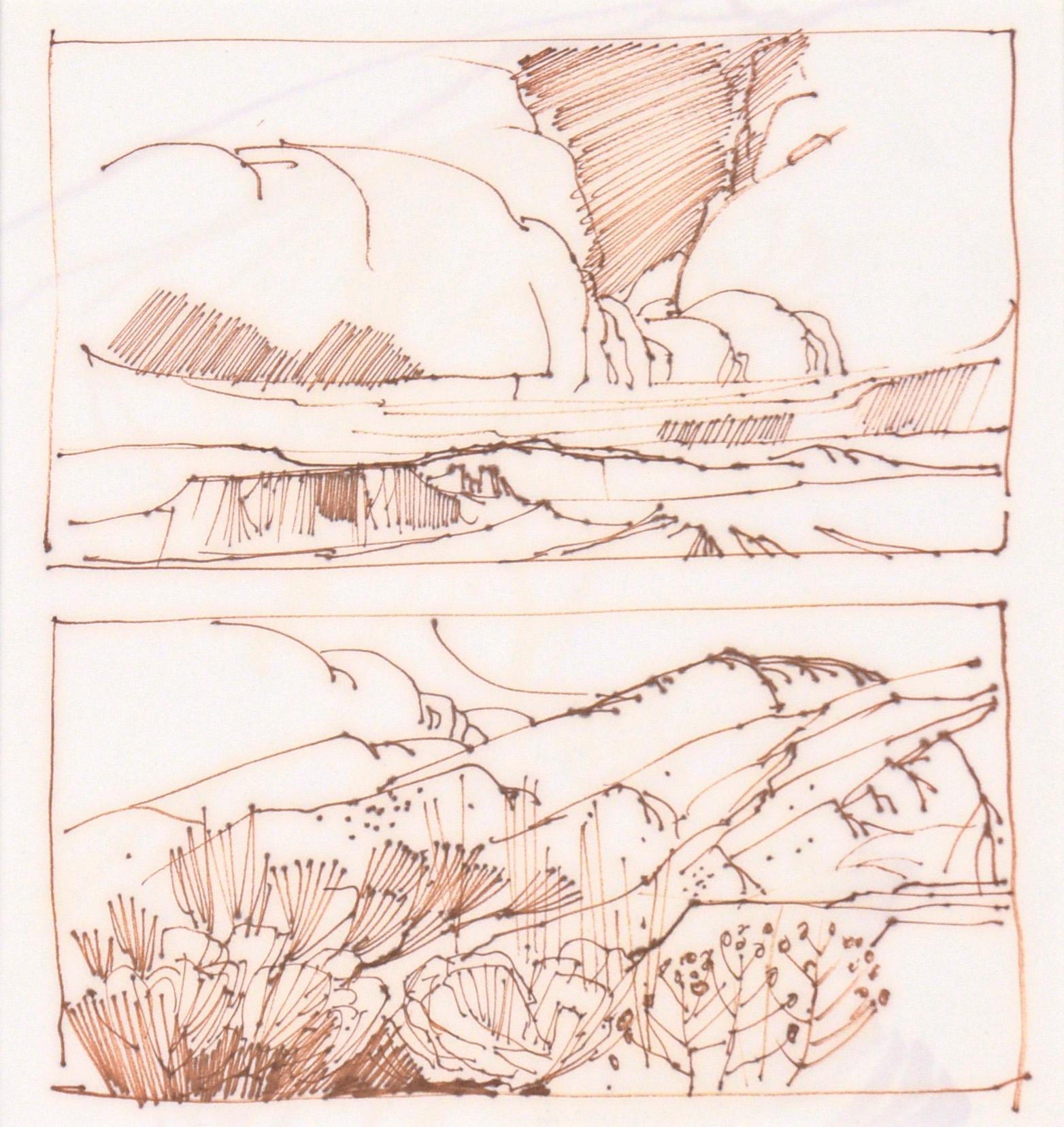 Two High Desert Landscapes - Line Drawing in Sepia-Toned Ink on Paper - Art by Laurence Sisson